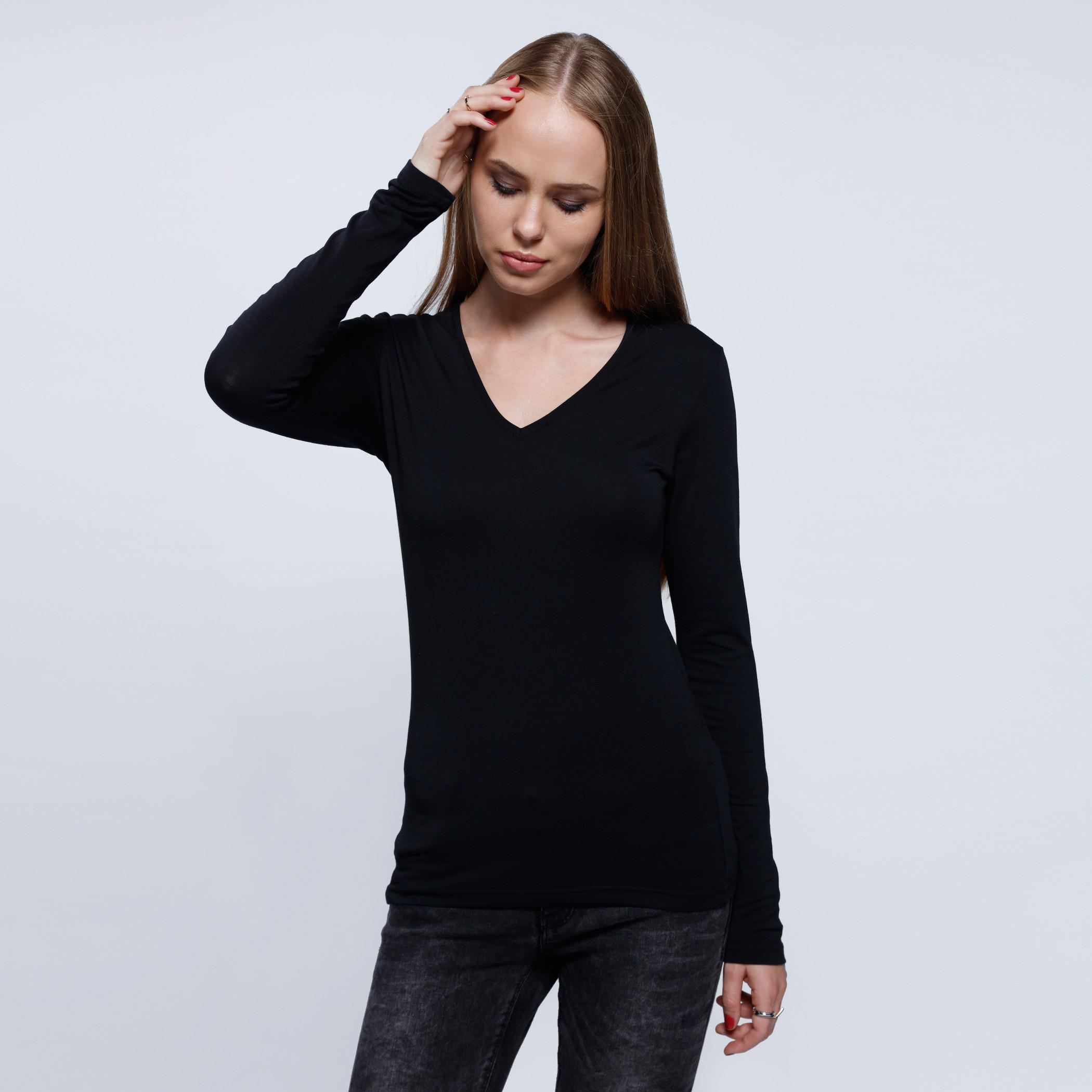 V-Neck Top with Long Sleeves-women-clothing-tshirts-image-1