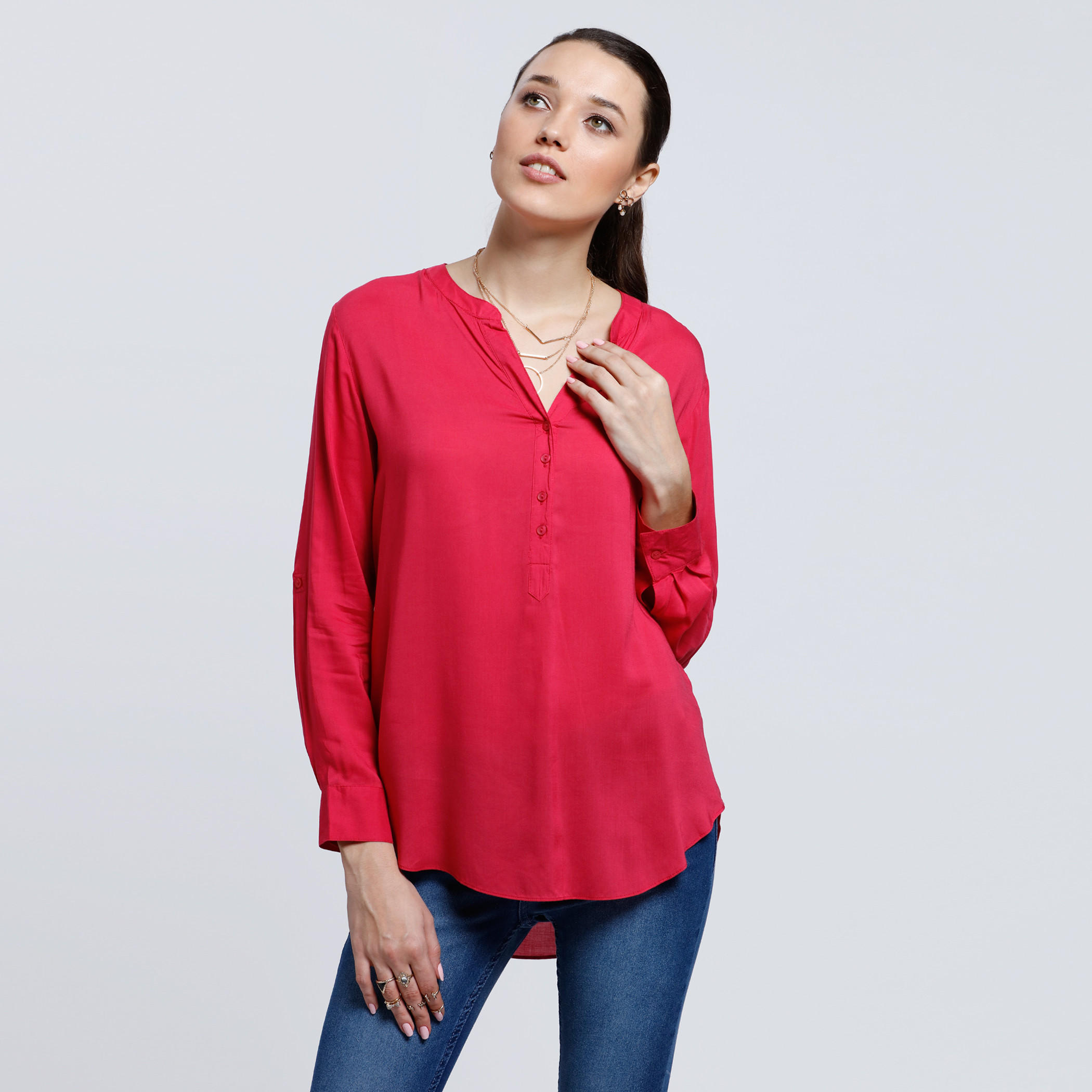 Roll Up Sleeves Top with High Low Hem-women-clothing-shirtsandblouses-blouses-image-1