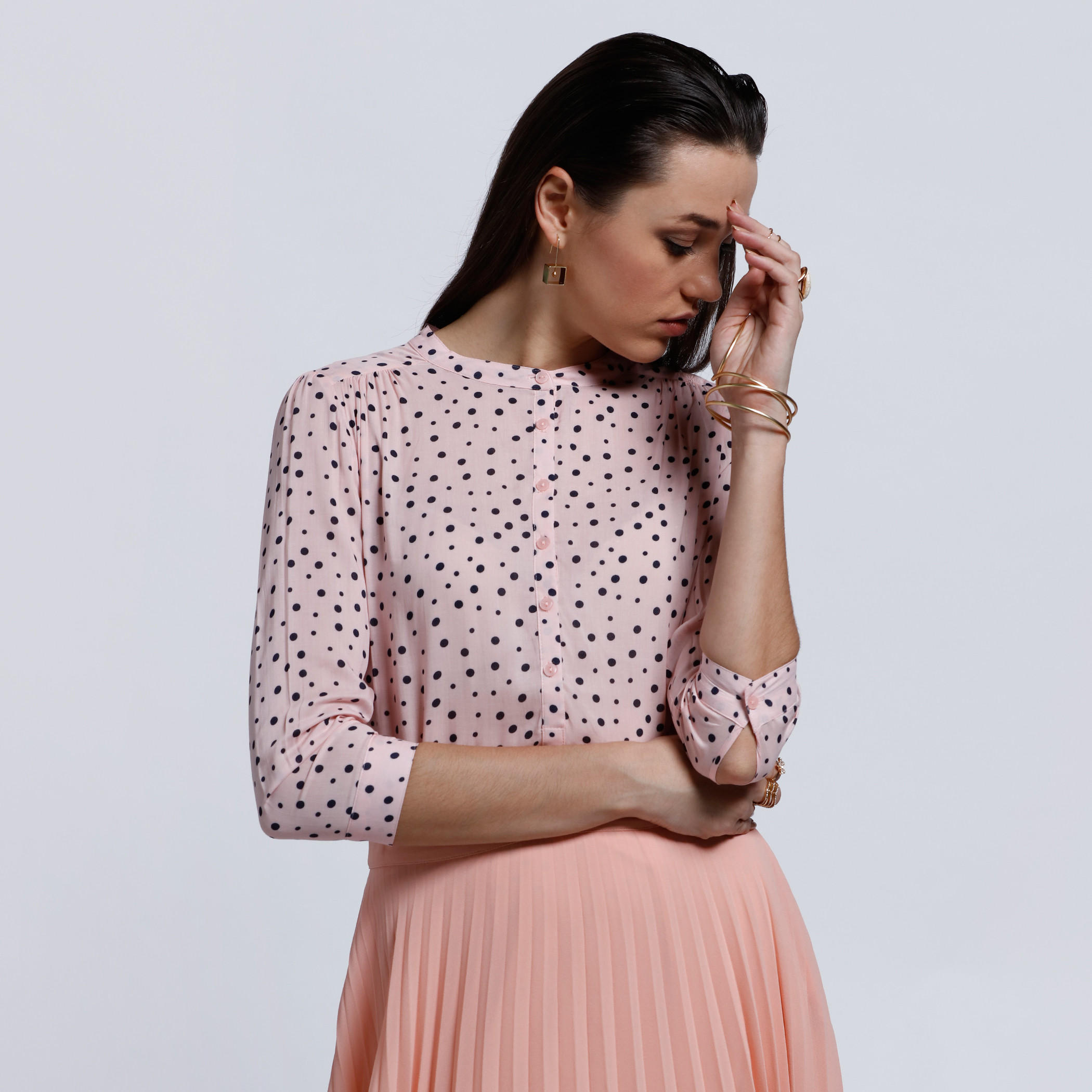 Printed Shirt with 3/4 Sleeves and Mandarin Collar -women-clothing-shirtsandblouses-blouses-image-1