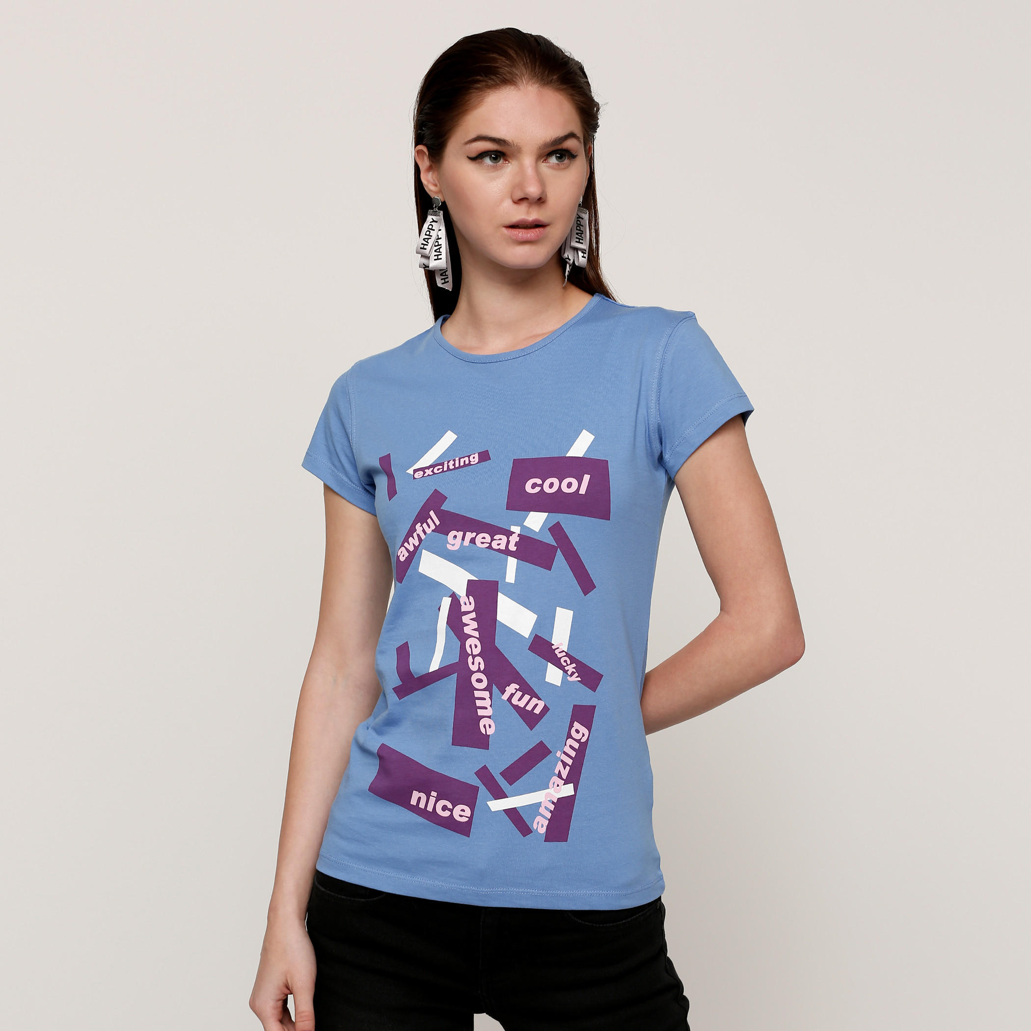 تيشيرت بياقة مستديرة وأكمام كاب مع طبعات-women-clothing-shirtsandblouses-blouses-image-1