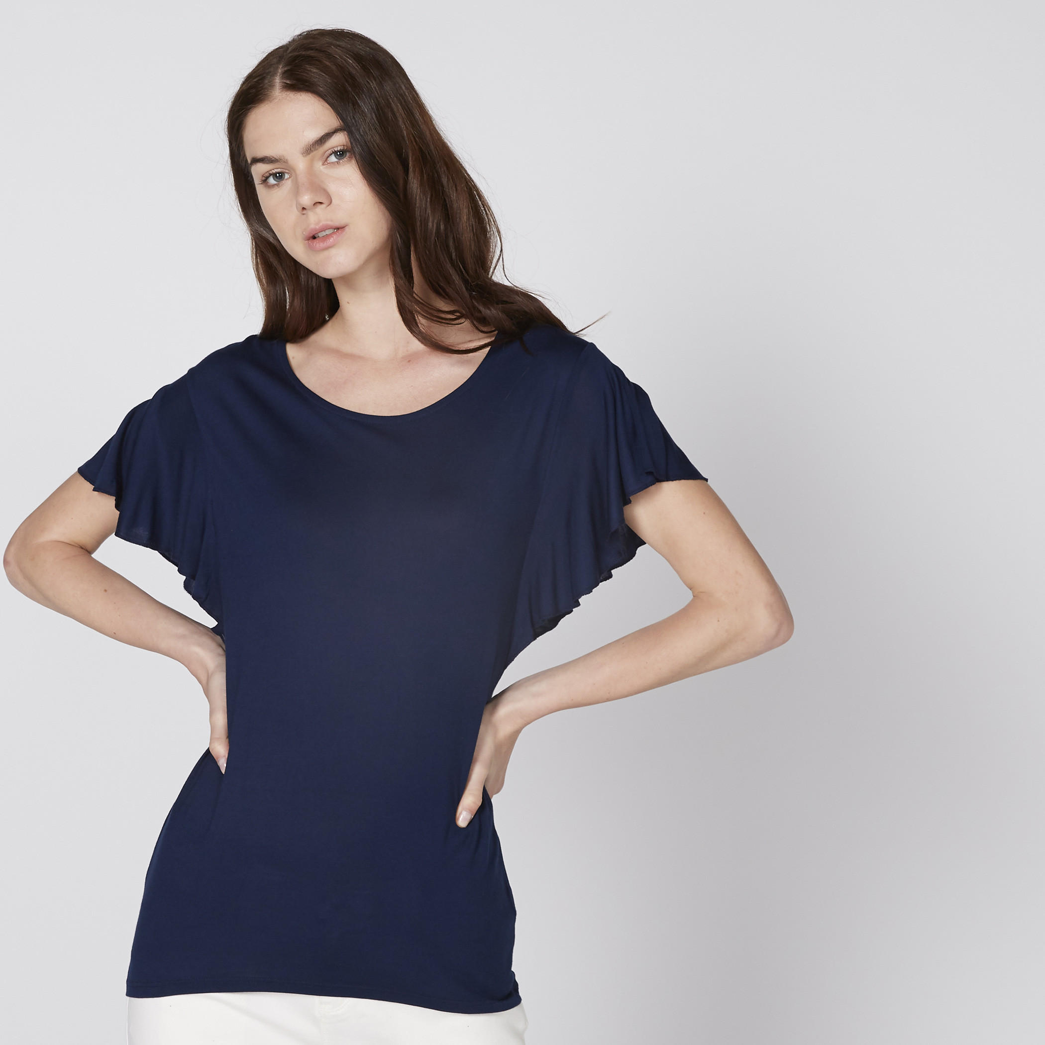 بلوزة بياقة مستديرة وأكمام كشكش-women-clothing-shirtsandblouses-blouses-image-1