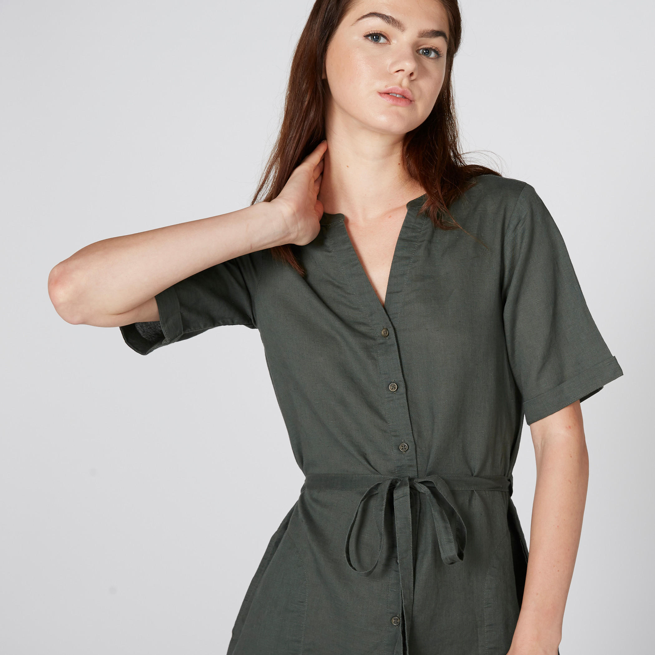 فستان قميص متوسط الطول بأزرار ورباط-women-clothing-dresses-image-1