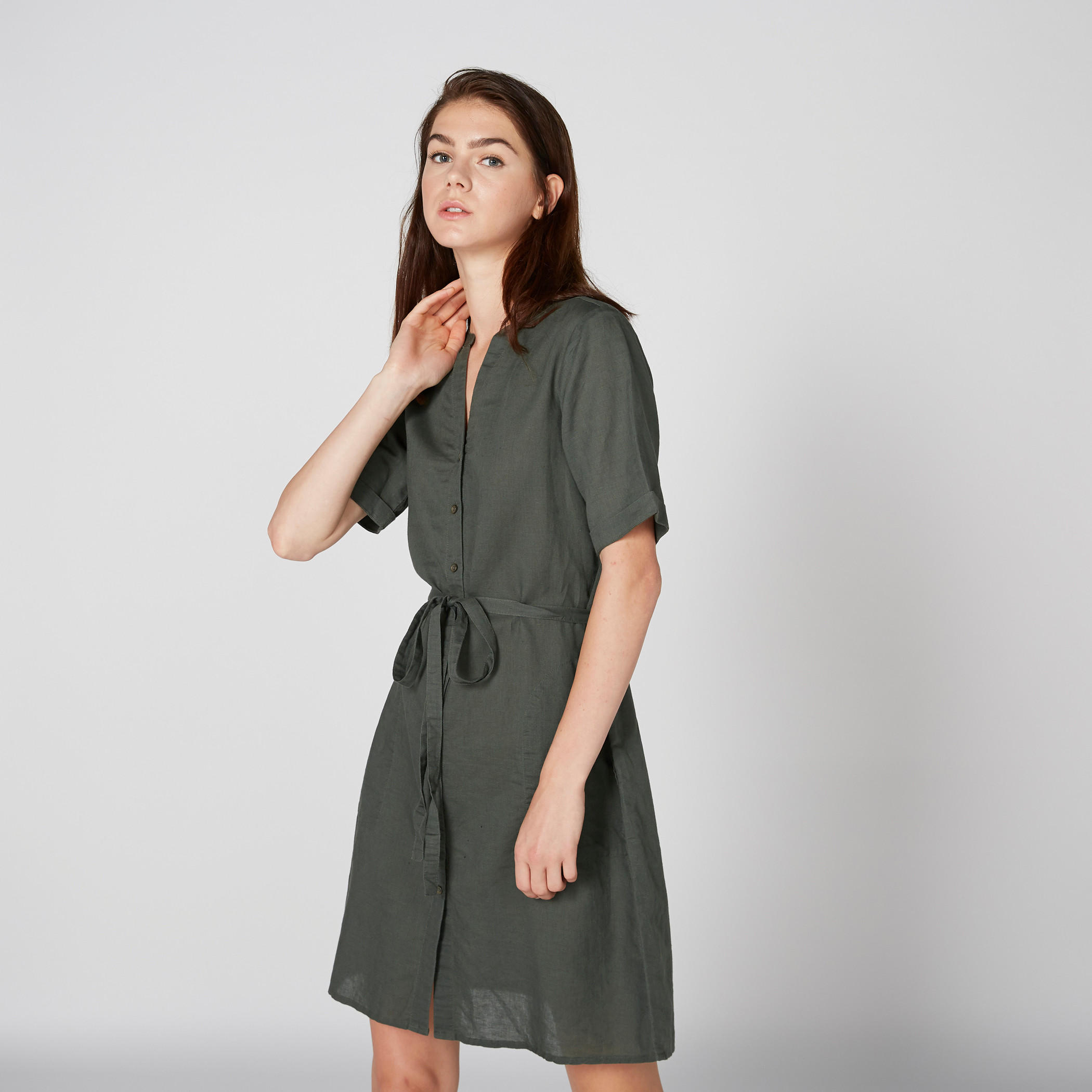 فستان قميص متوسط الطول بأزرار ورباط-women-clothing-dresses-image-3