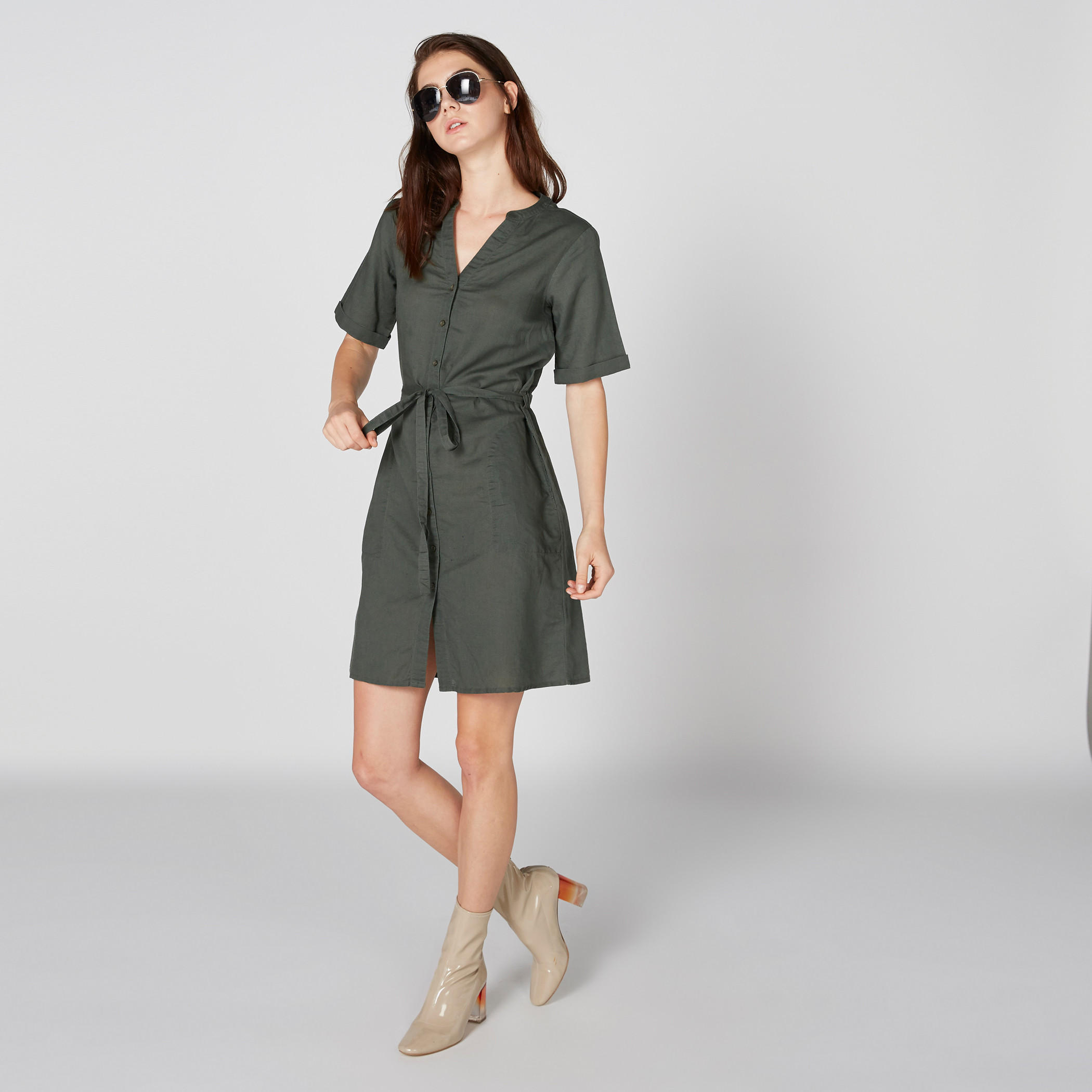 فستان قميص متوسط الطول بأزرار ورباط-women-clothing-dresses-image-4