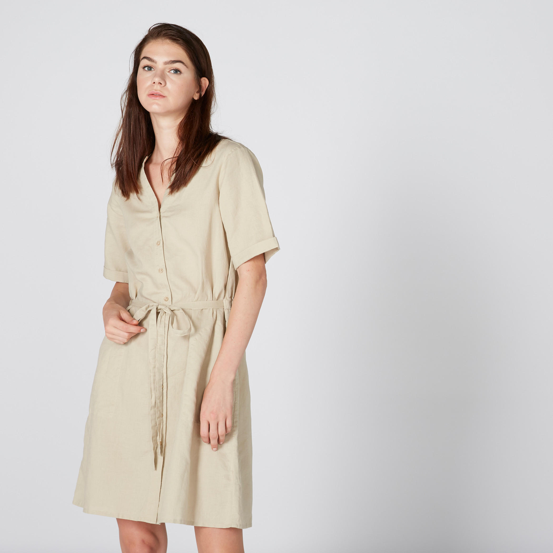 فستان قميص متوسط الطول بأزرار ورباط-women-clothing-dresses-image-1