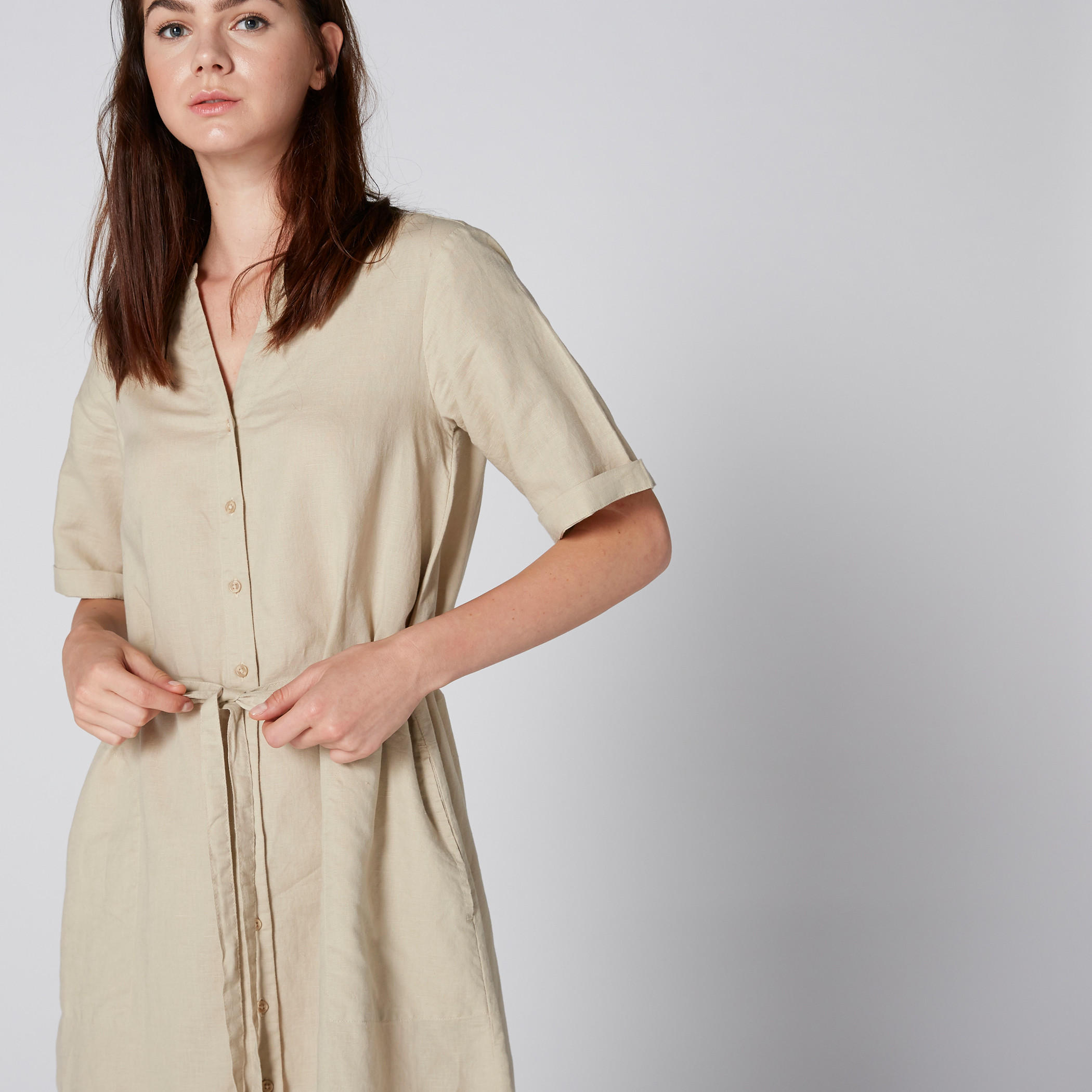 فستان قميص متوسط الطول بأزرار ورباط-women-clothing-dresses-image-3