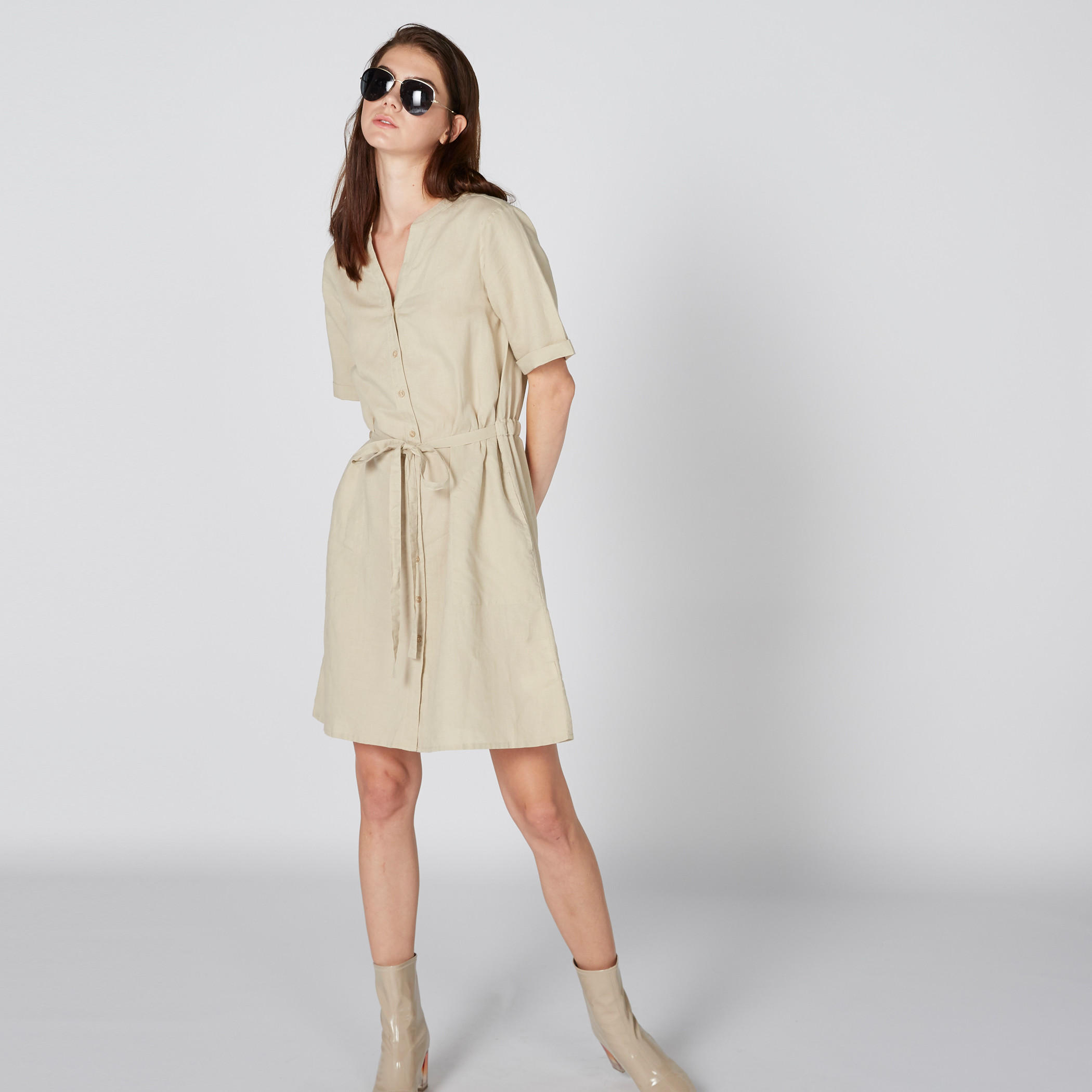 فستان قميص متوسط الطول بأزرار ورباط-women-clothing-dresses-image-4