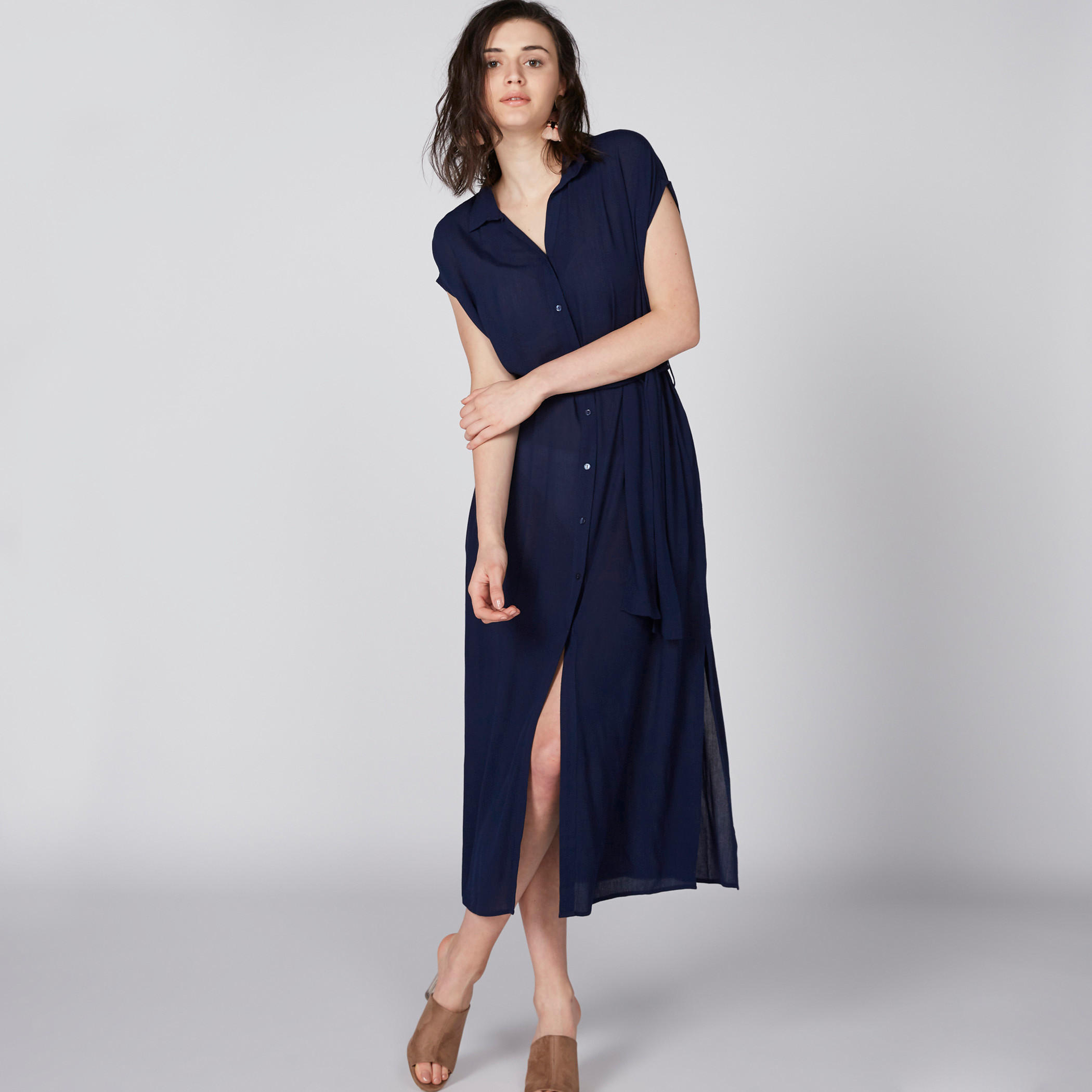فستان قميص متوسط الطول بأكمام متصلة وحزام رباط-women-clothing-dresses-image-1