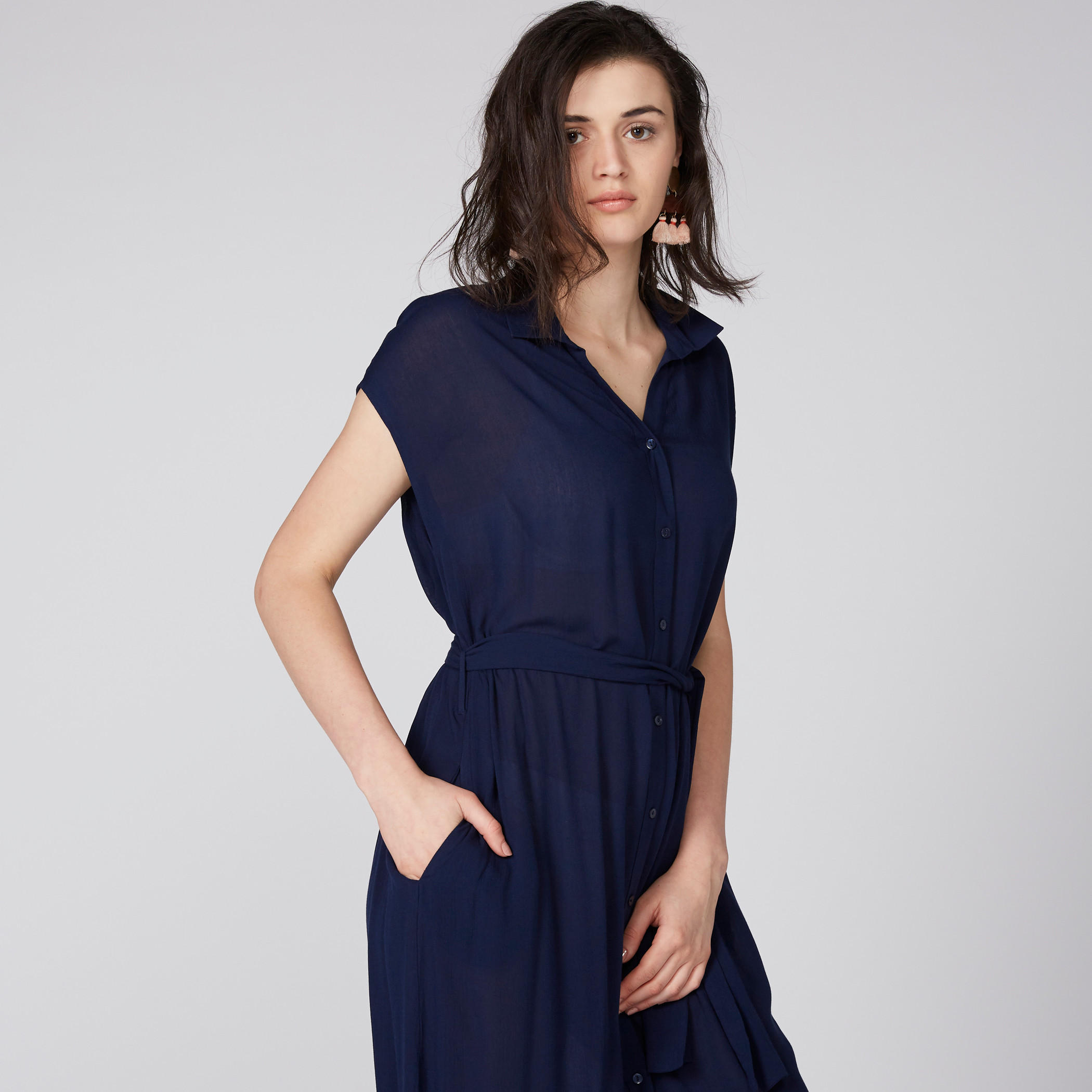فستان قميص متوسط الطول بأكمام متصلة وحزام رباط-women-clothing-dresses-image-2