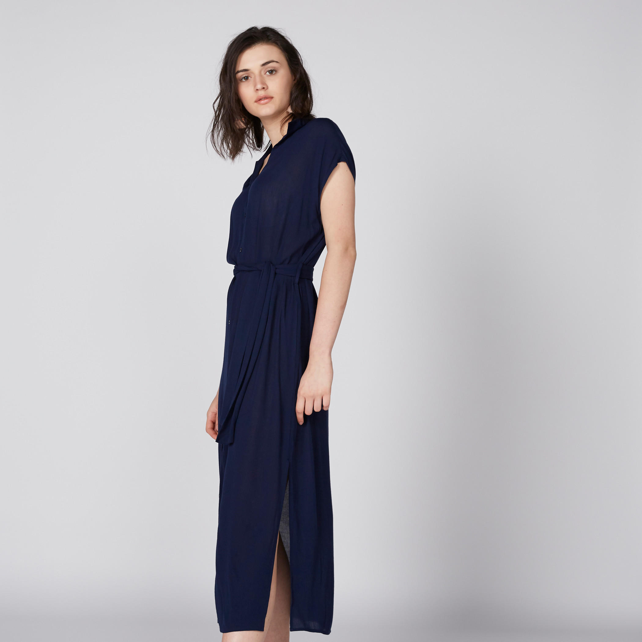فستان قميص متوسط الطول بأكمام متصلة وحزام رباط-women-clothing-dresses-image-3