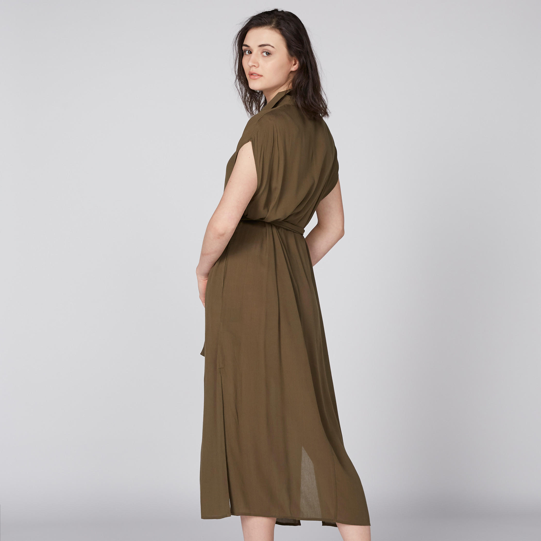 فستان قميص متوسط الطول بأكمام كاب ورباط وفتحة جانبية-women-clothing-dresses-image-3