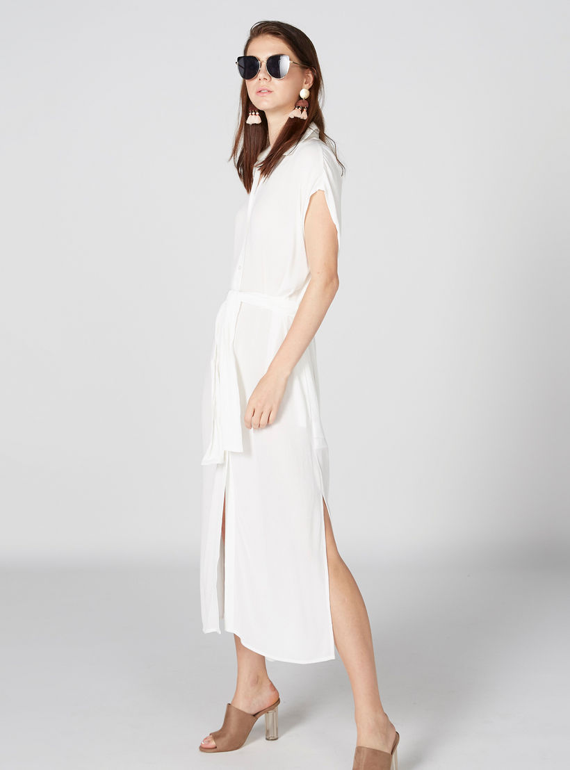 Maxi Shirt Dress with Extended Sleeves and Tie Up Detail-women-clothing-dresses-image-1