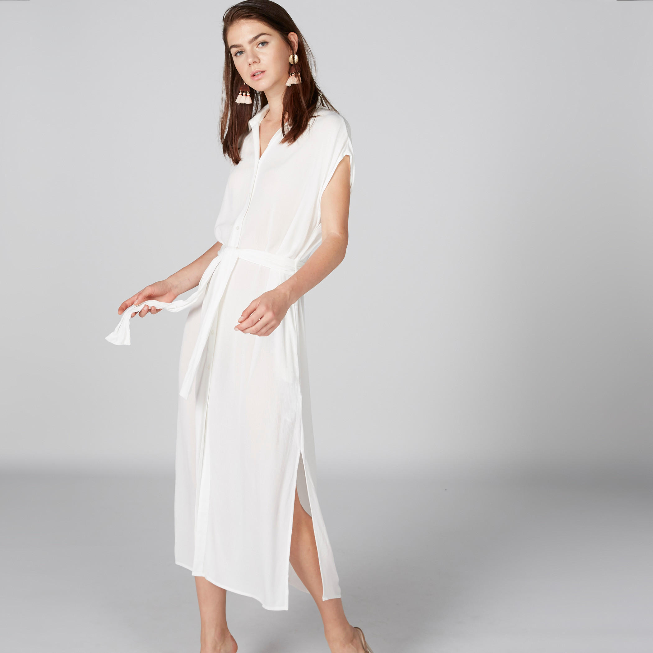 Maxi Shirt Dress with Extended Sleeves and Tie Up Detail-women-clothing-dresses-image-2