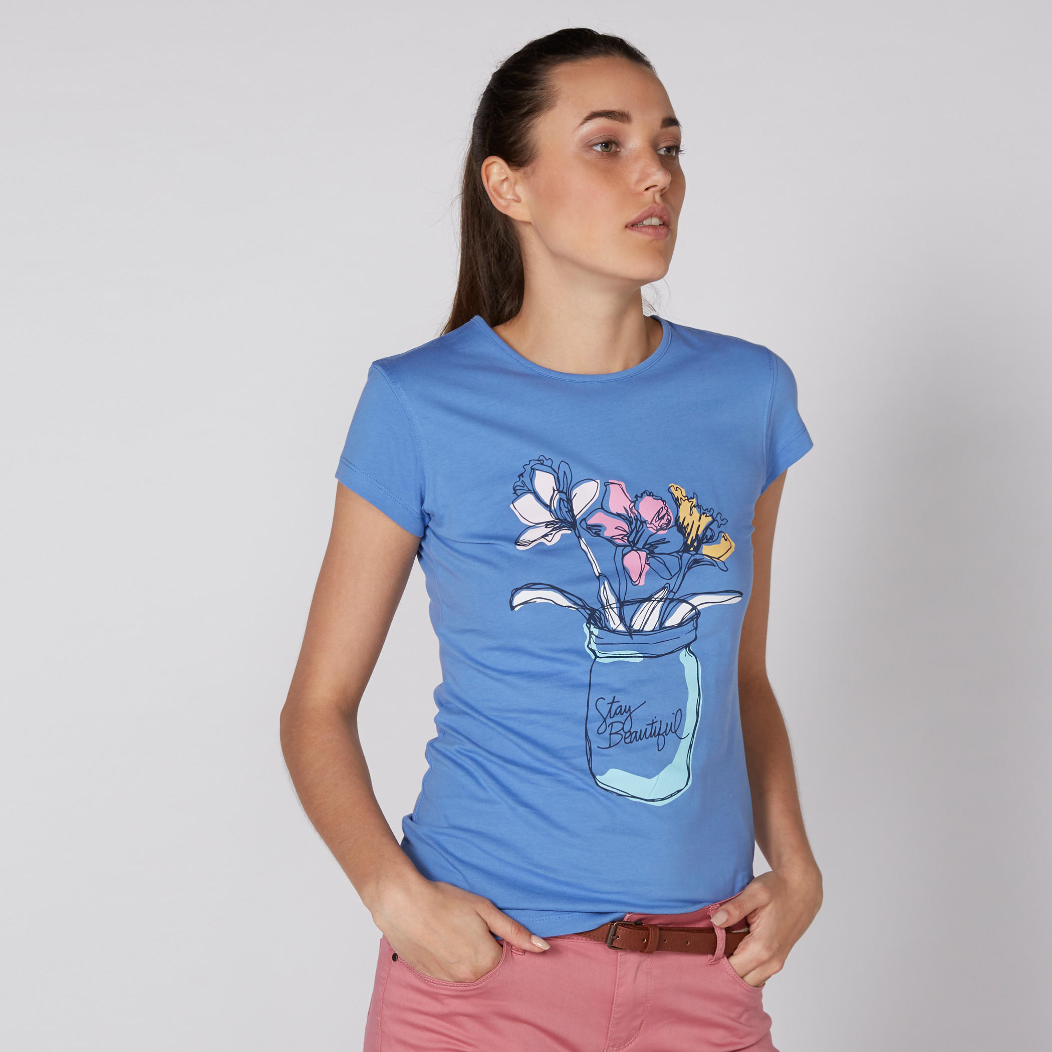 Printed T-Shirt with Round Neck and Cap Sleeves-women-clothing-shirtsandblouses-blouses-image-1