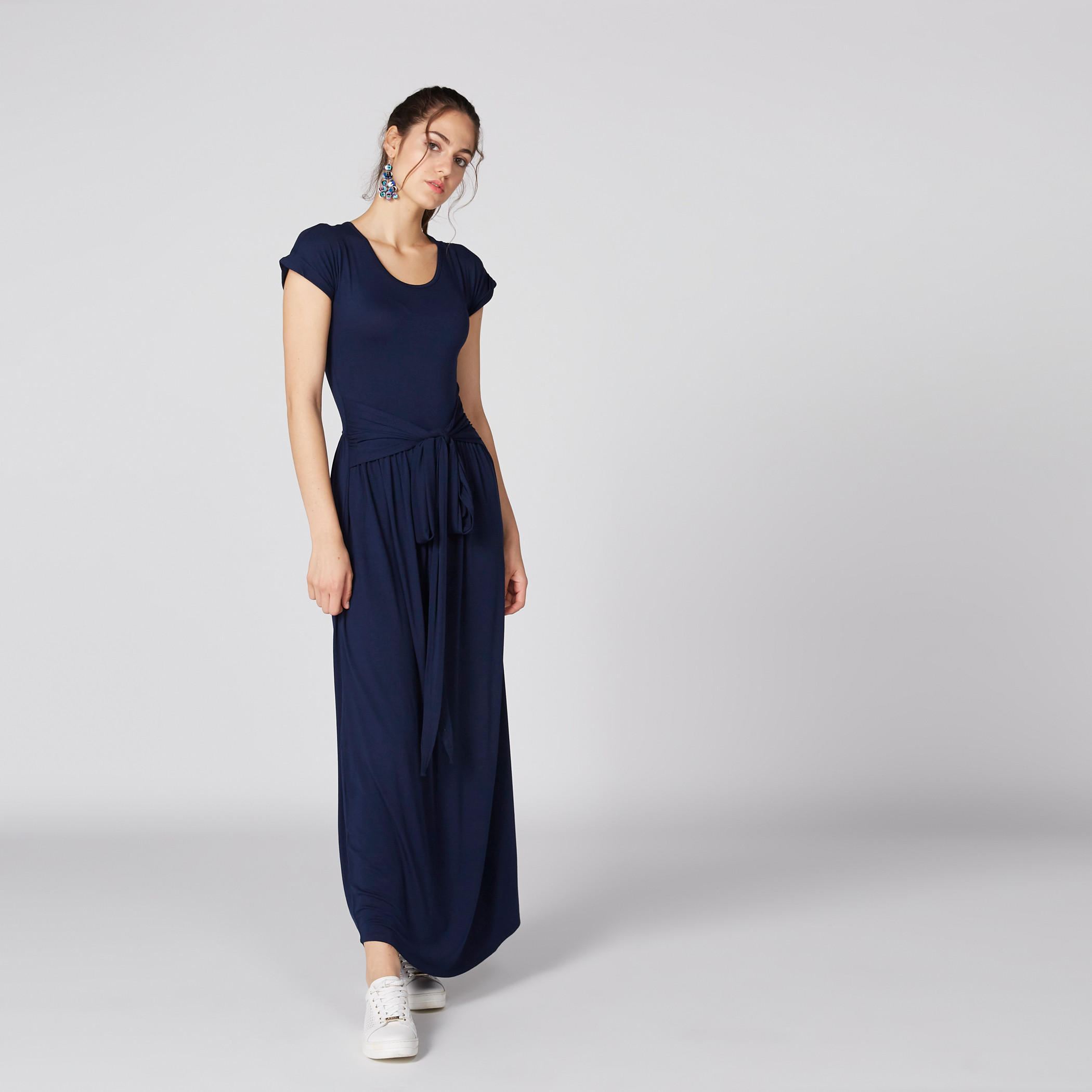 فستان طويل بياقة عميقة وأكمام كاب وأربطة-women-clothing-dresses-image-1