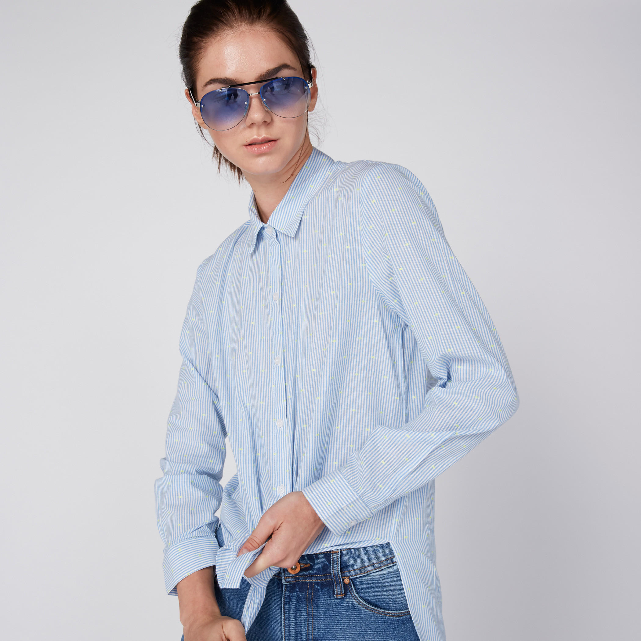 قميص طويل مقلّم بأكمام طويلة وحوّاف غير مستوية-women-clothing-shirtsandblouses-shirts-image-1