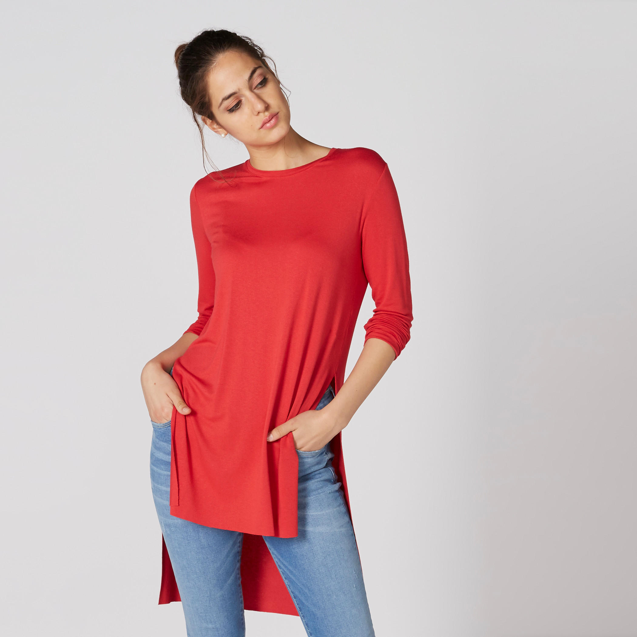 تونيك بياقة مستديرة وأكمام طويلة وحوّاف غير مستوية وفتحة جانبية-women-clothing-shirtsandblouses-blouses-image-1
