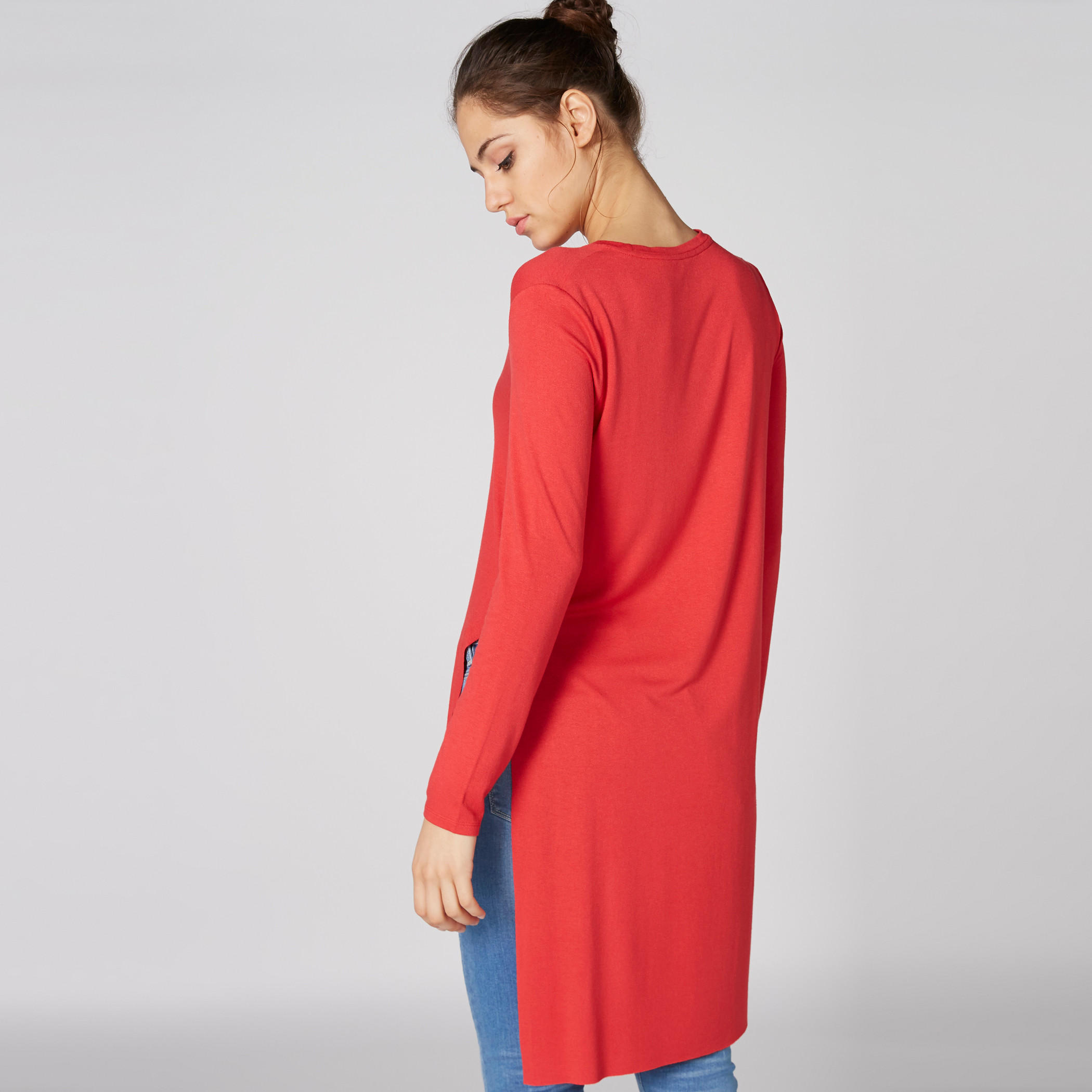 تونيك بياقة مستديرة وأكمام طويلة وحوّاف غير مستوية وفتحة جانبية-women-clothing-shirtsandblouses-blouses-image-2