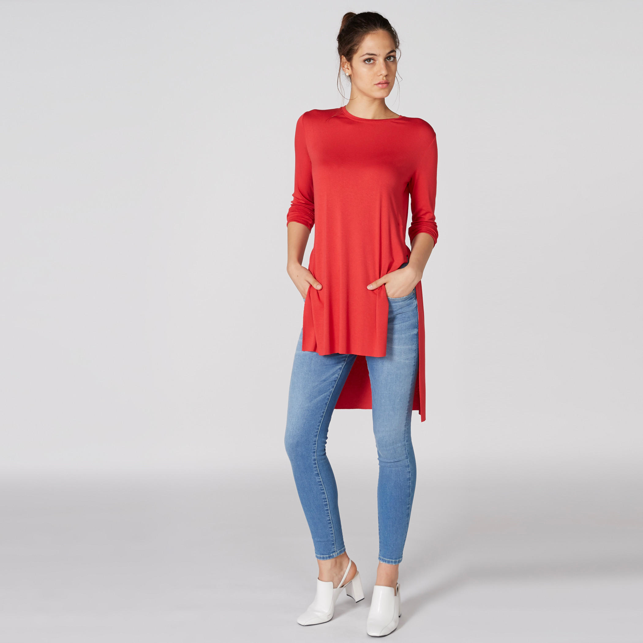 تونيك بياقة مستديرة وأكمام طويلة وحوّاف غير مستوية وفتحة جانبية-women-clothing-shirtsandblouses-blouses-image-3