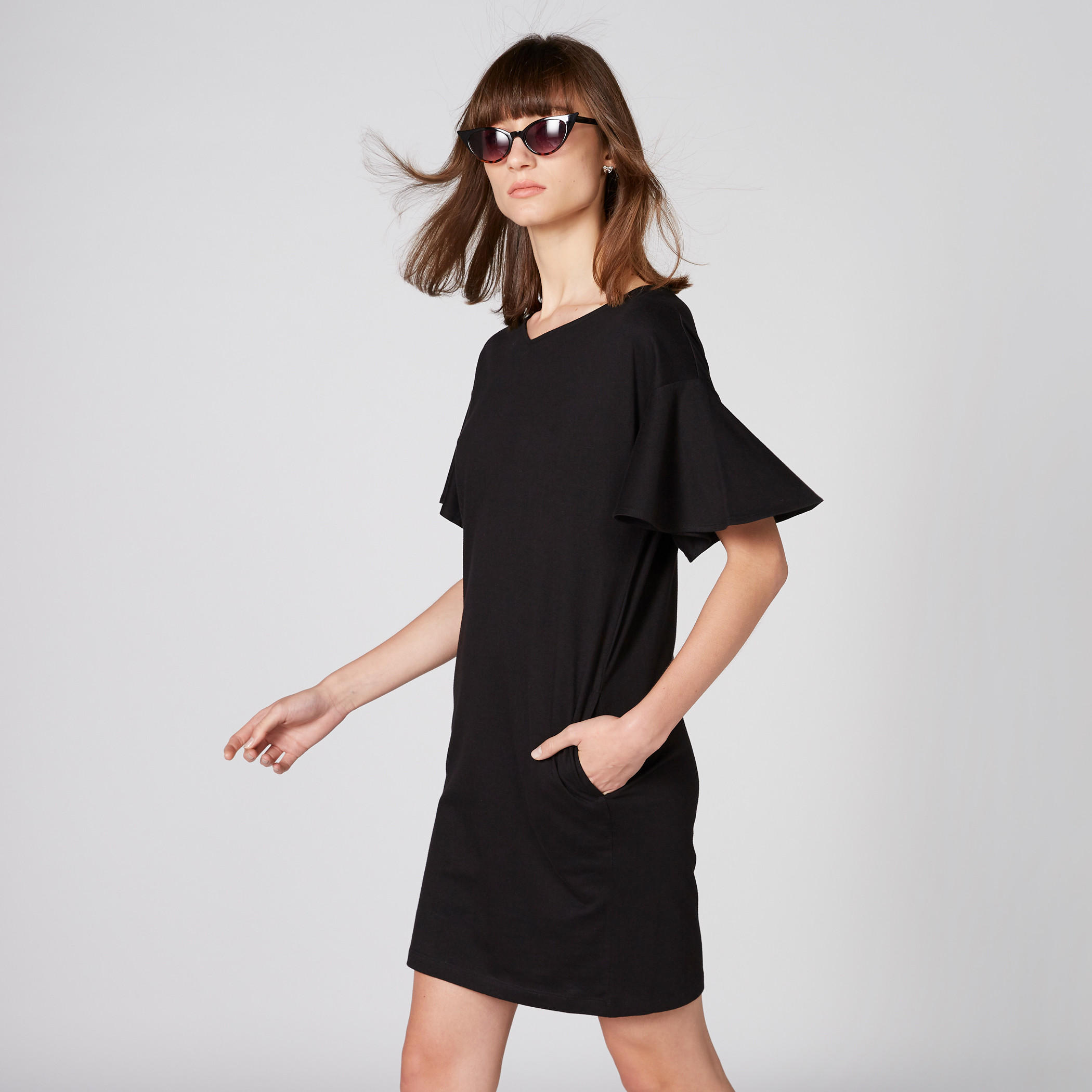 فستان بياقة V وأكمام واسعة وجيوب-women-clothing-dresses-image-1