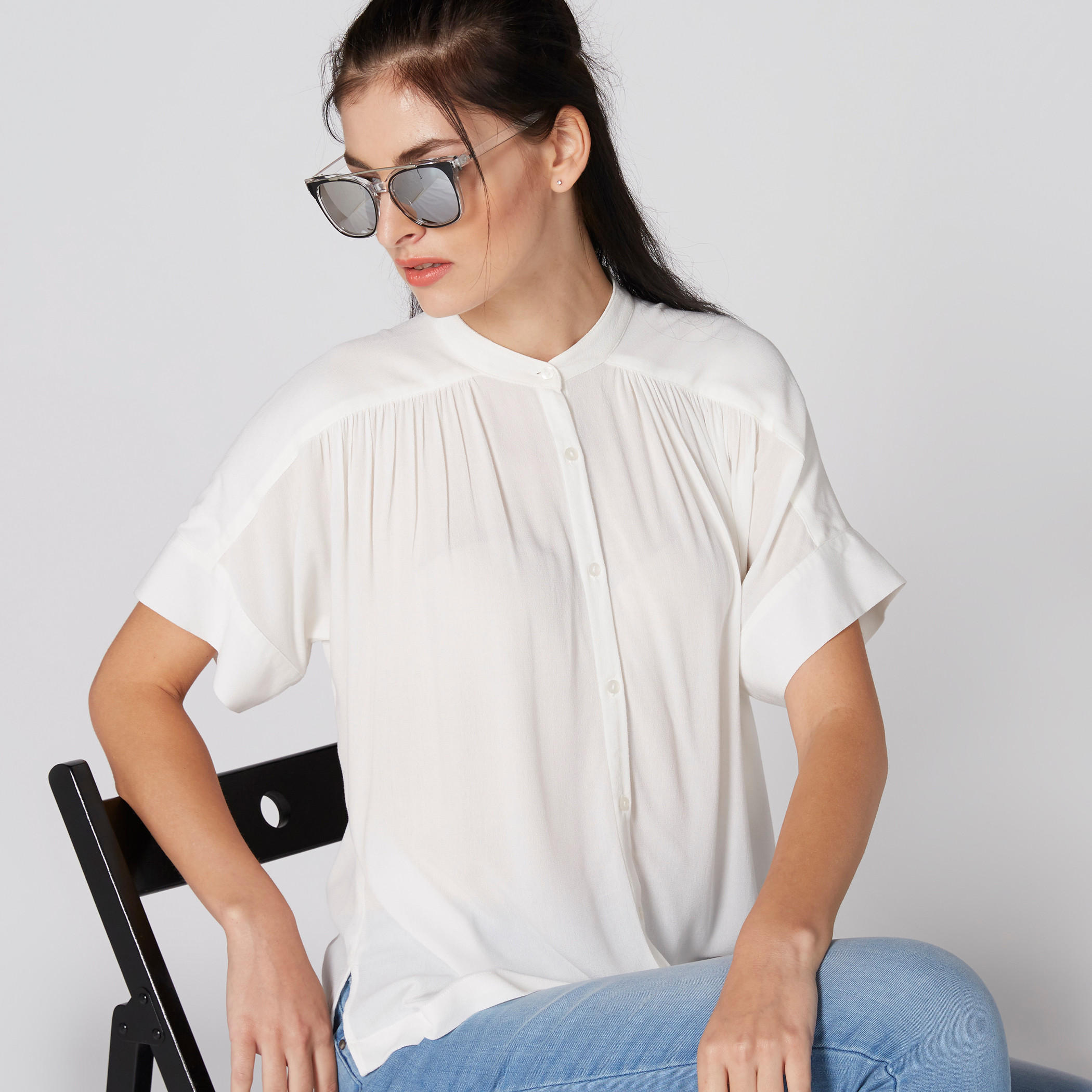 Pleated Shirt with Mandarin Collar and Complete Placket-women-clothing-shirtsandblouses-shirts-image-1