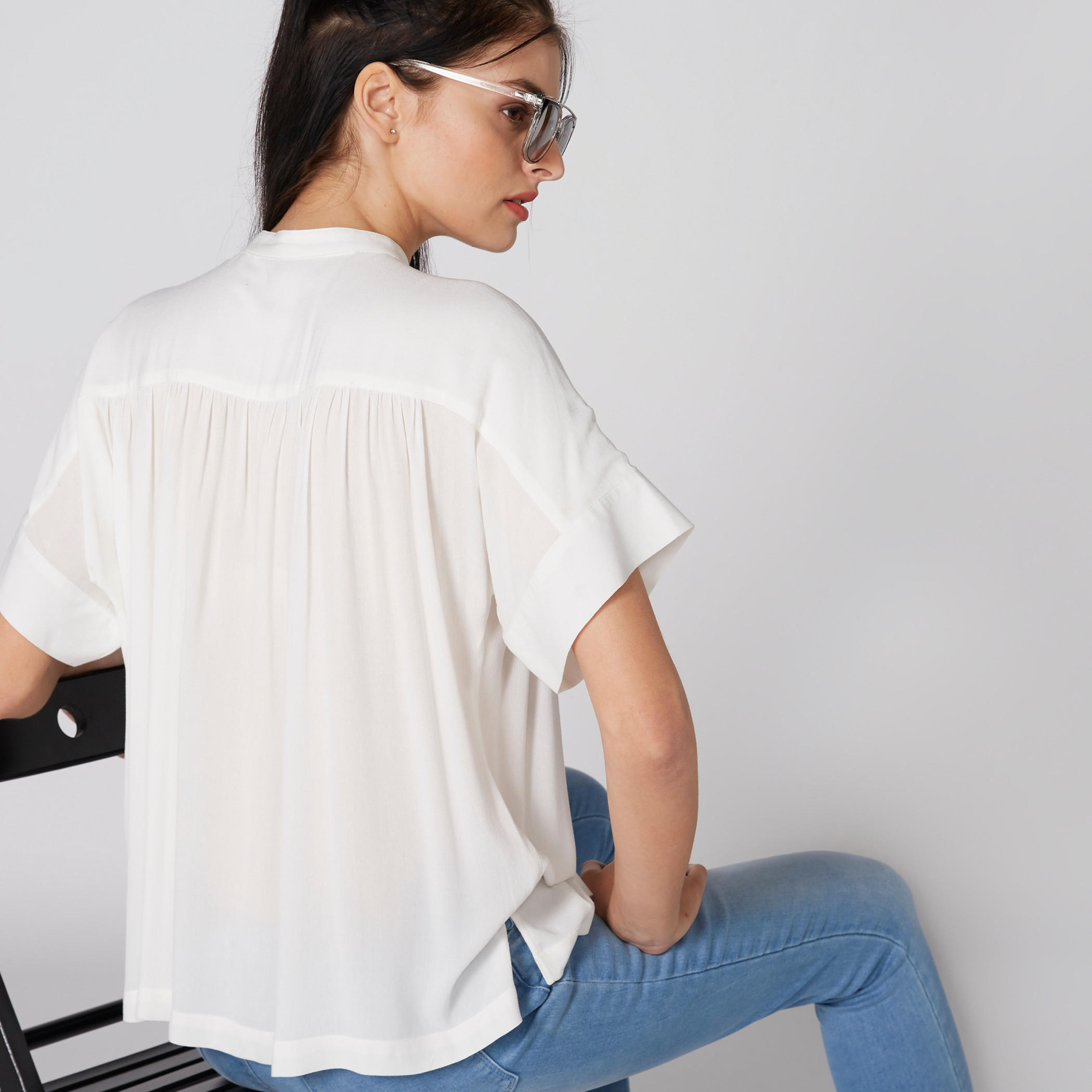 Pleated Shirt with Mandarin Collar and Complete Placket-women-clothing-shirtsandblouses-shirts-image-2