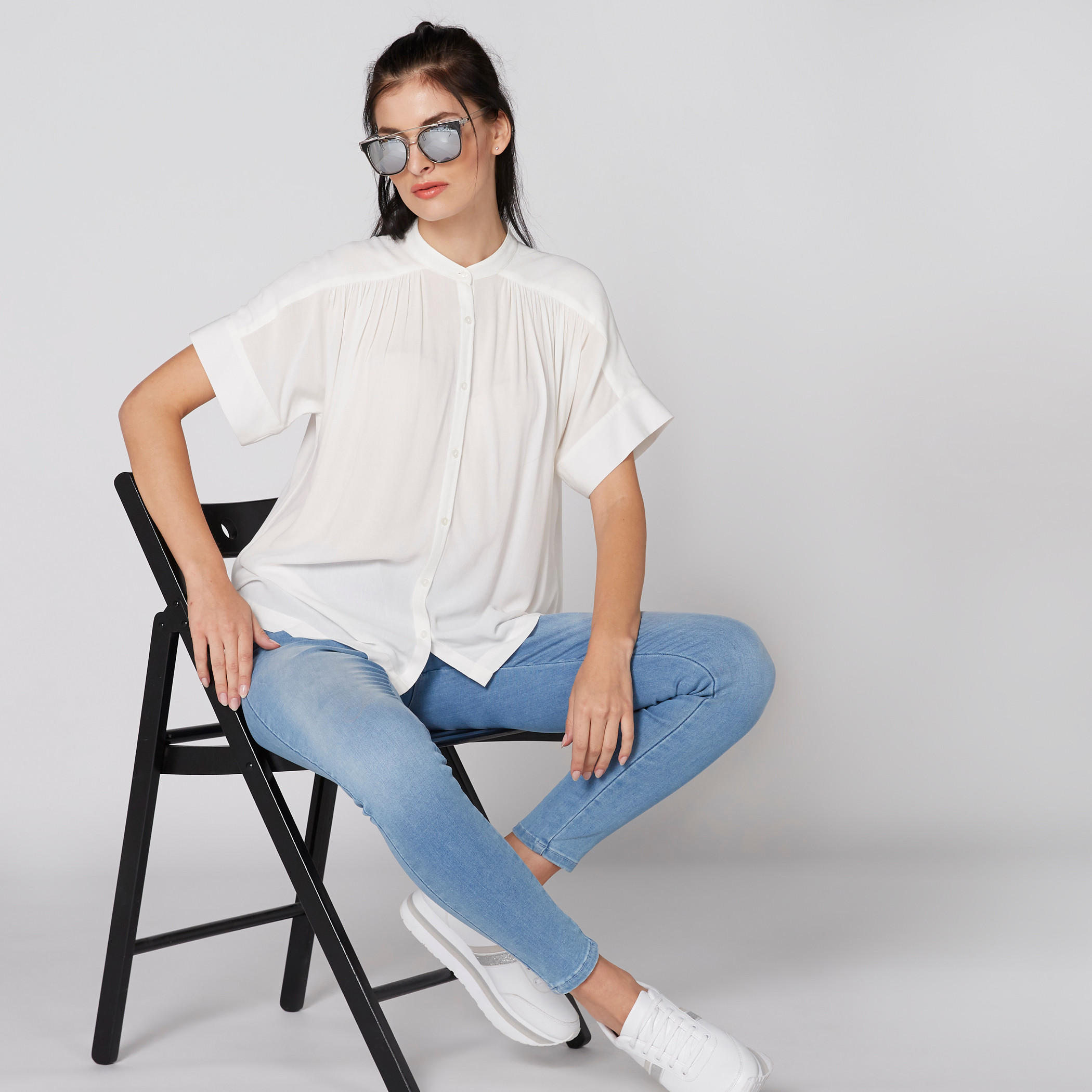 Pleated Shirt with Mandarin Collar and Complete Placket-women-clothing-shirtsandblouses-shirts-image-3