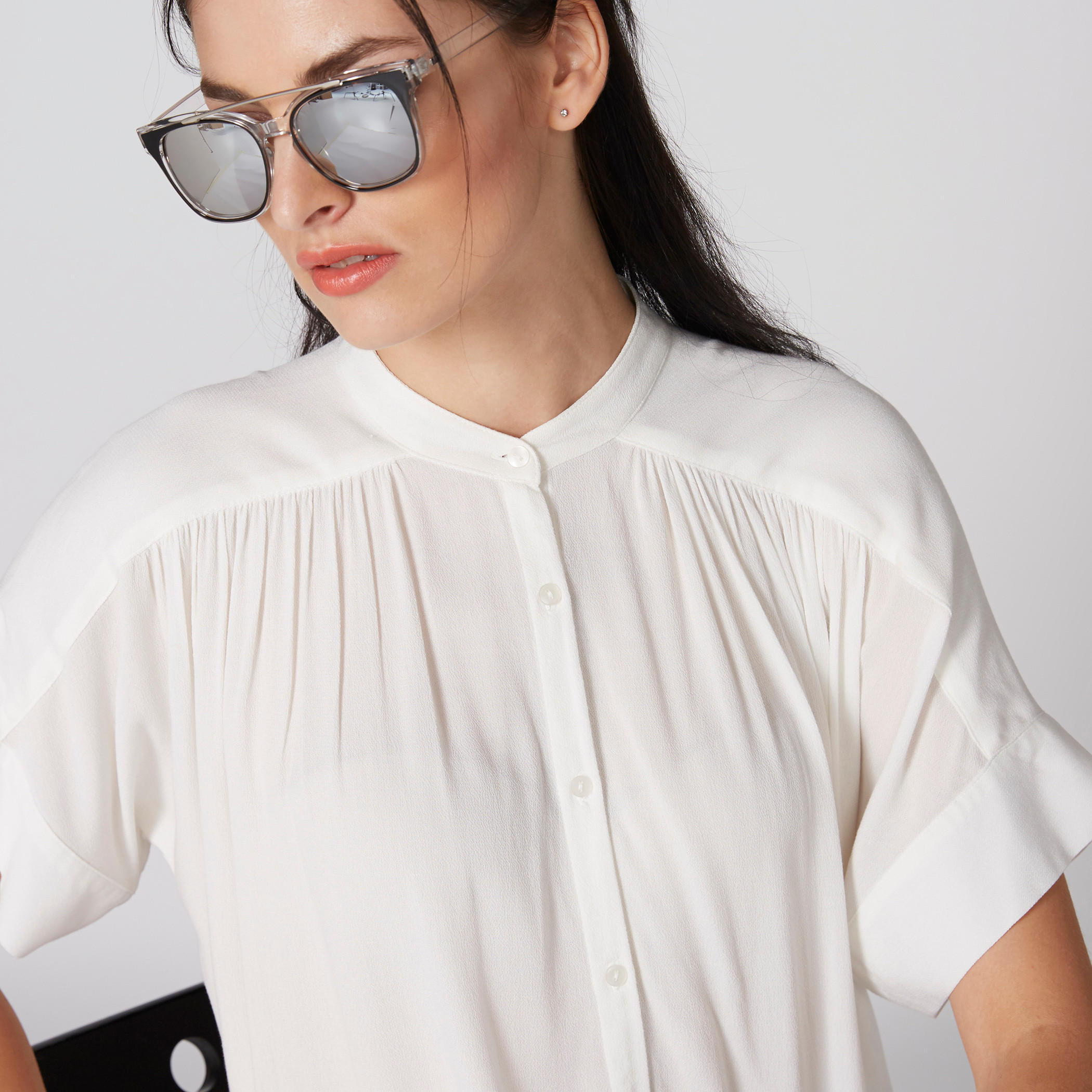 Pleated Shirt with Mandarin Collar and Complete Placket-women-clothing-shirtsandblouses-shirts-image-4