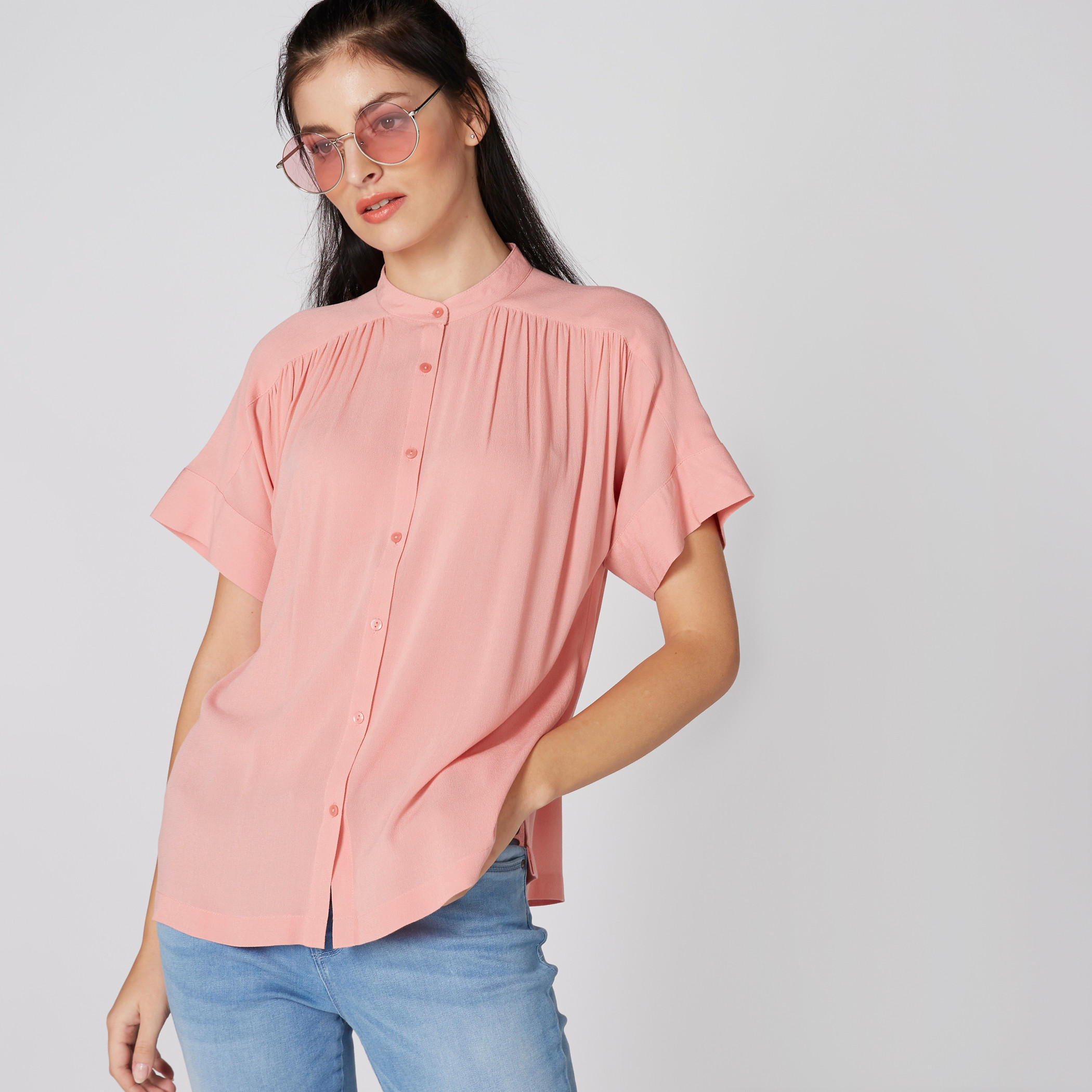 قميص كشكش بياقة ماندارين وأزرار-women-clothing-shirtsandblouses-shirts-image-1