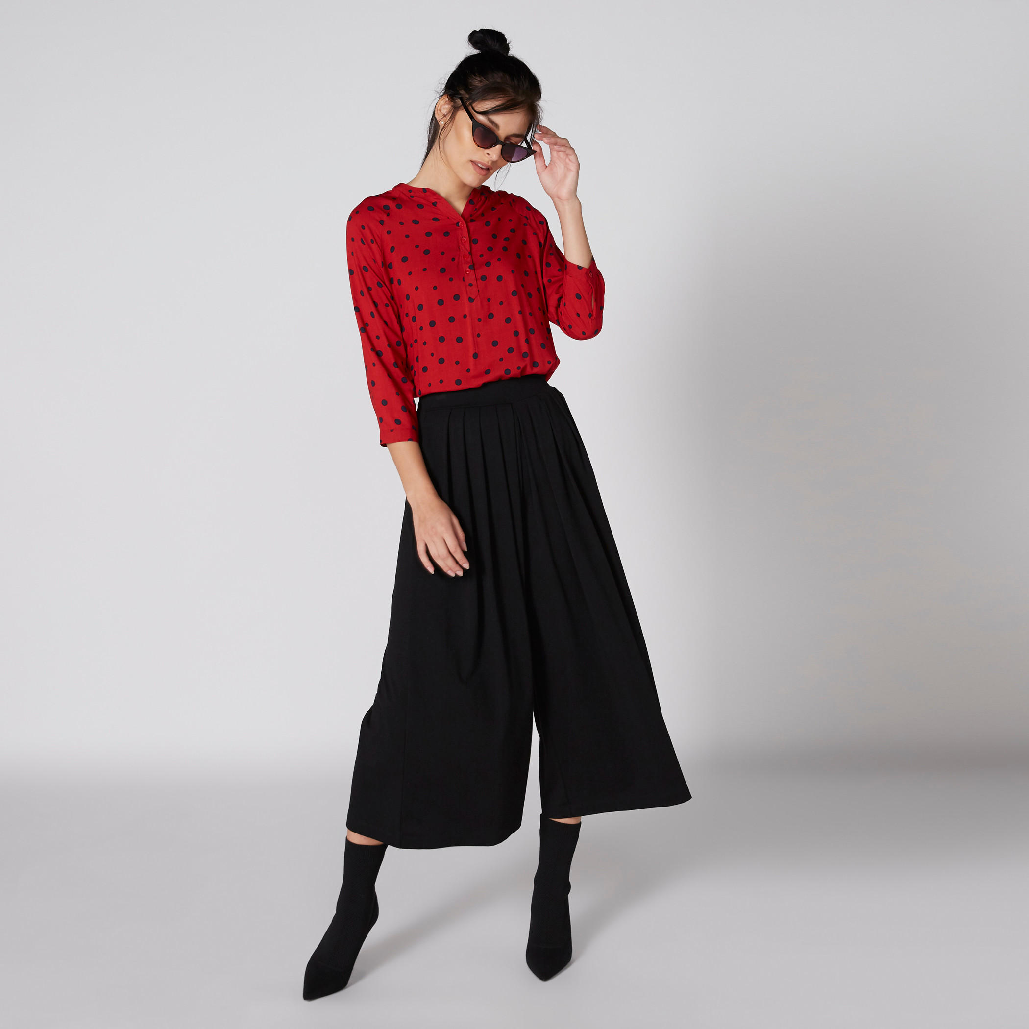 Polka Dots Printed Top with Mandarin Collar and 3/4 Sleeves-women-clothing-shirtsandblouses-blouses-image-1