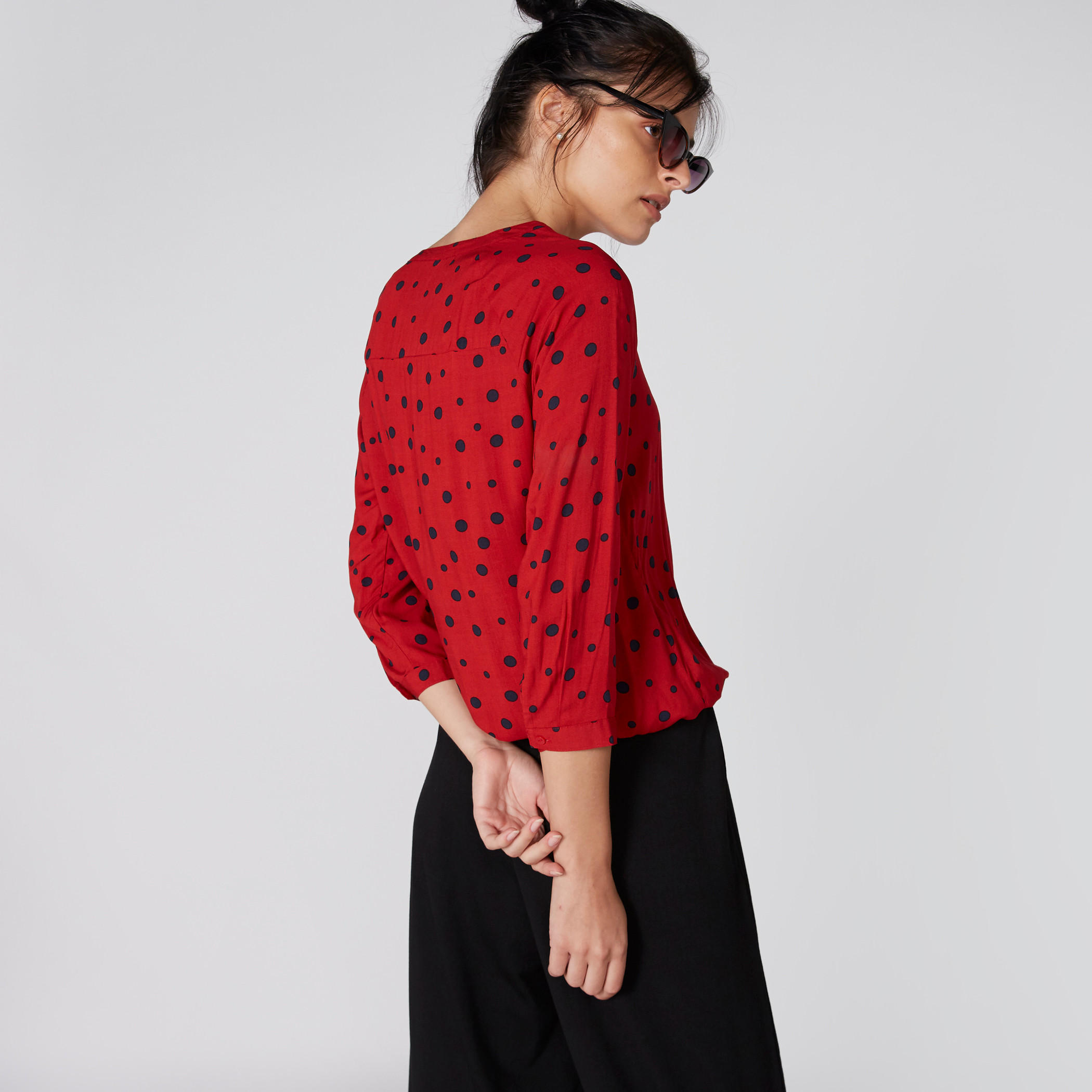 Polka Dots Printed Top with Mandarin Collar and 3/4 Sleeves-women-clothing-shirtsandblouses-blouses-image-2