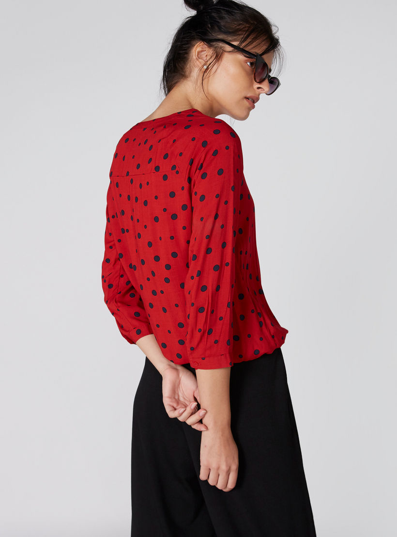 Polka Dots Printed Top with Mandarin Collar and 3/4 Sleeves-women-clothing-shirtsandblouses-blouses-image-2