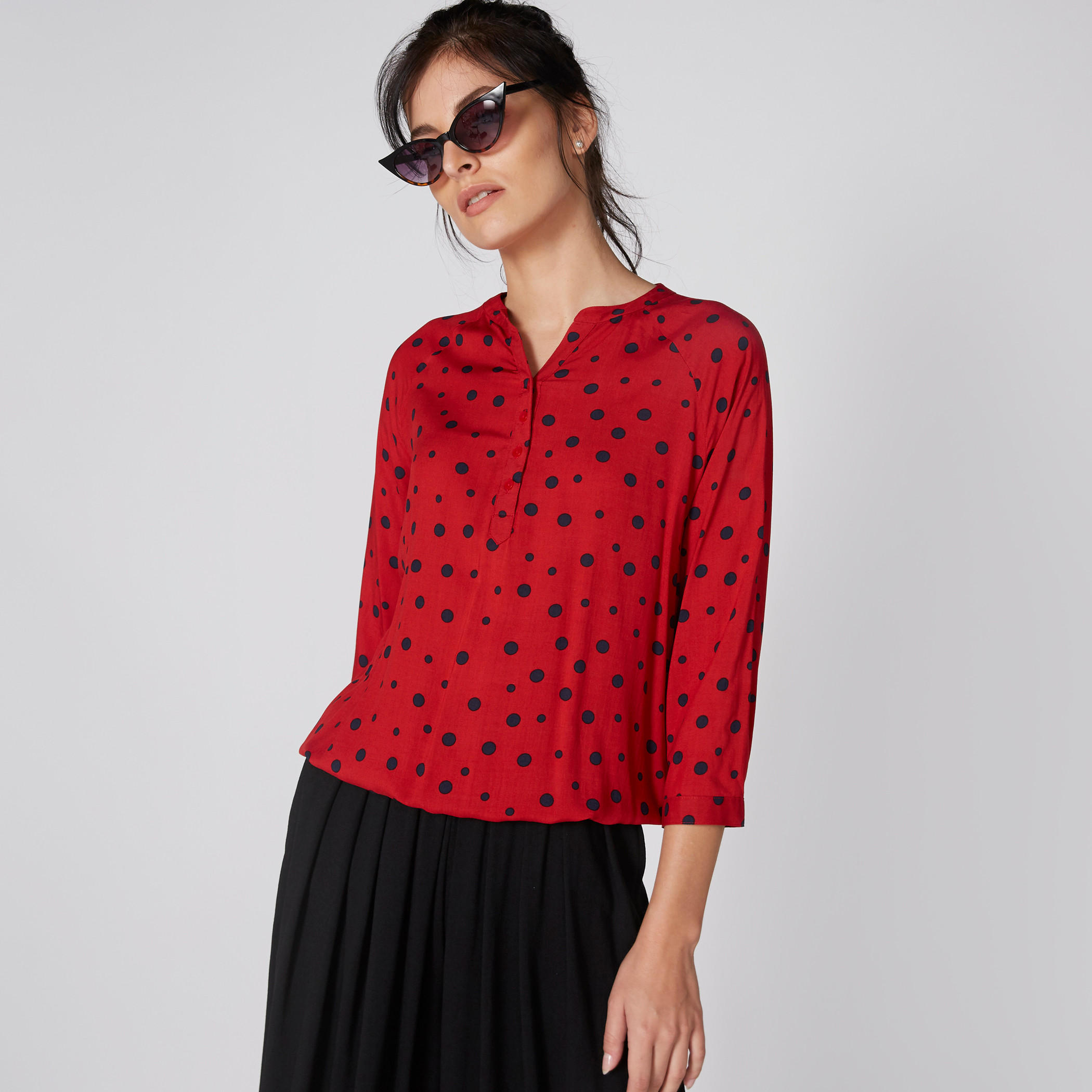 Polka Dots Printed Top with Mandarin Collar and 3/4 Sleeves-women-clothing-shirtsandblouses-blouses-image-3