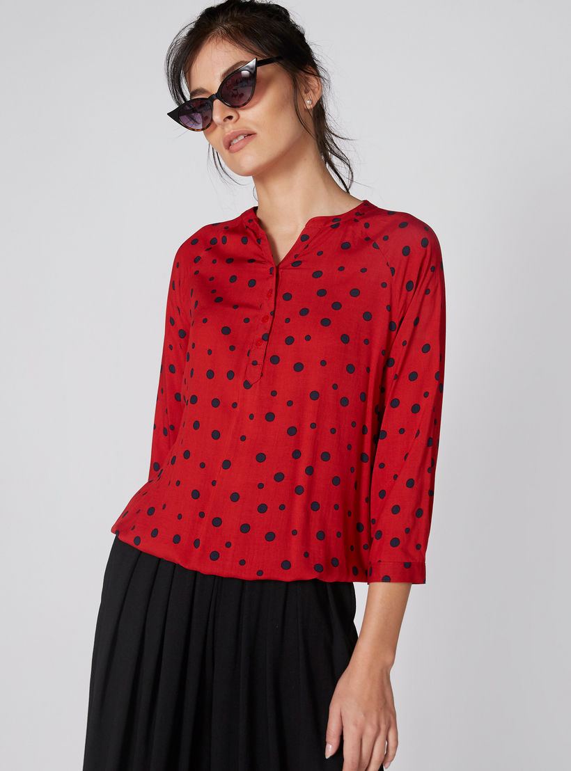 Polka Dots Printed Top with Mandarin Collar and 3/4 Sleeves-women-clothing-shirtsandblouses-blouses-image-3