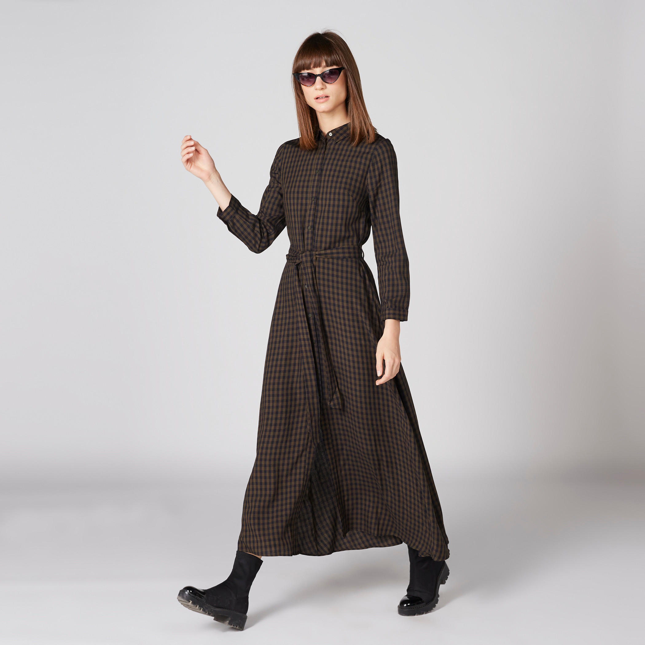 فستان قميص كاروهات طويل بأكمام طويلة ورباط-women-clothing-dresses-image-1
