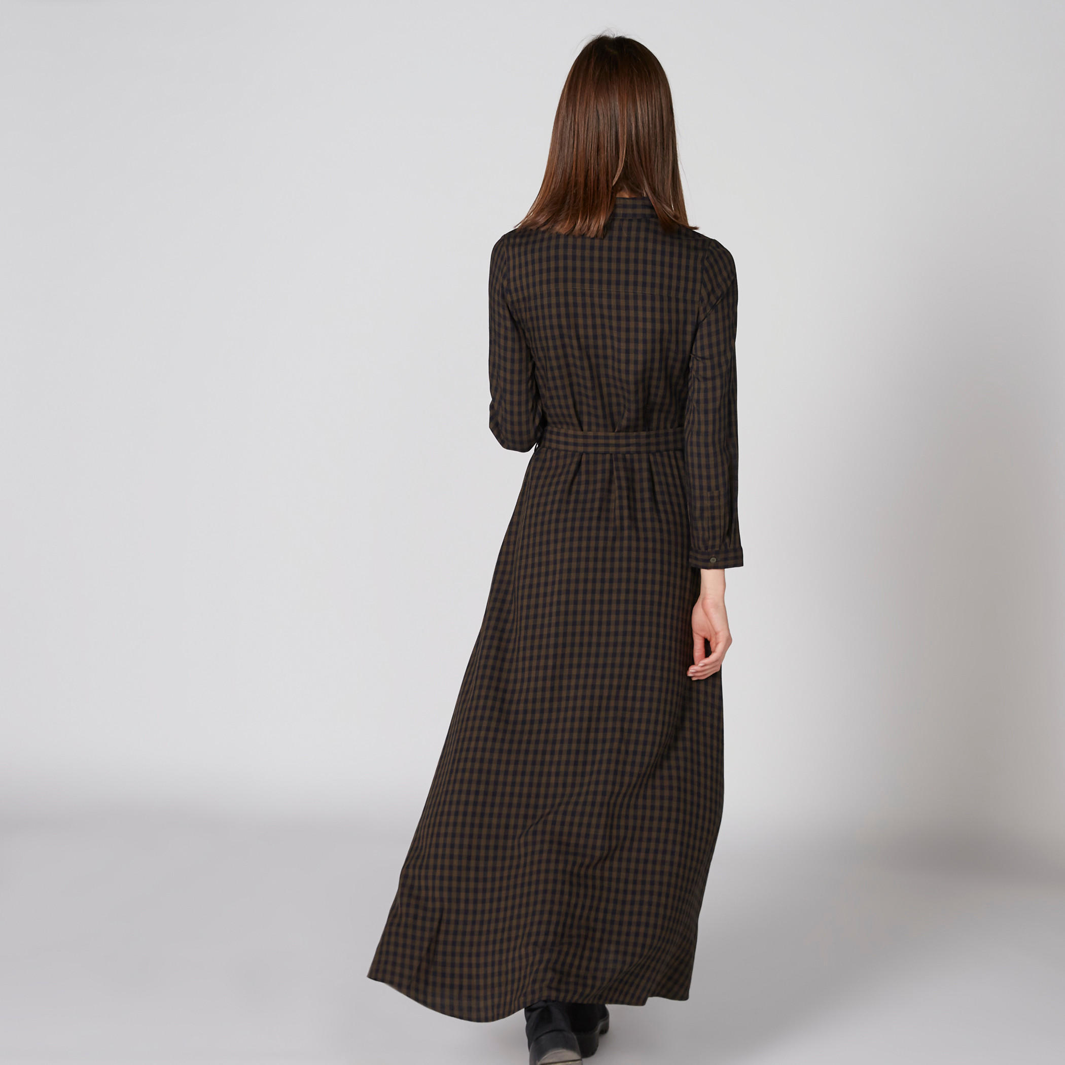 فستان قميص كاروهات طويل بأكمام طويلة ورباط-women-clothing-dresses-image-2