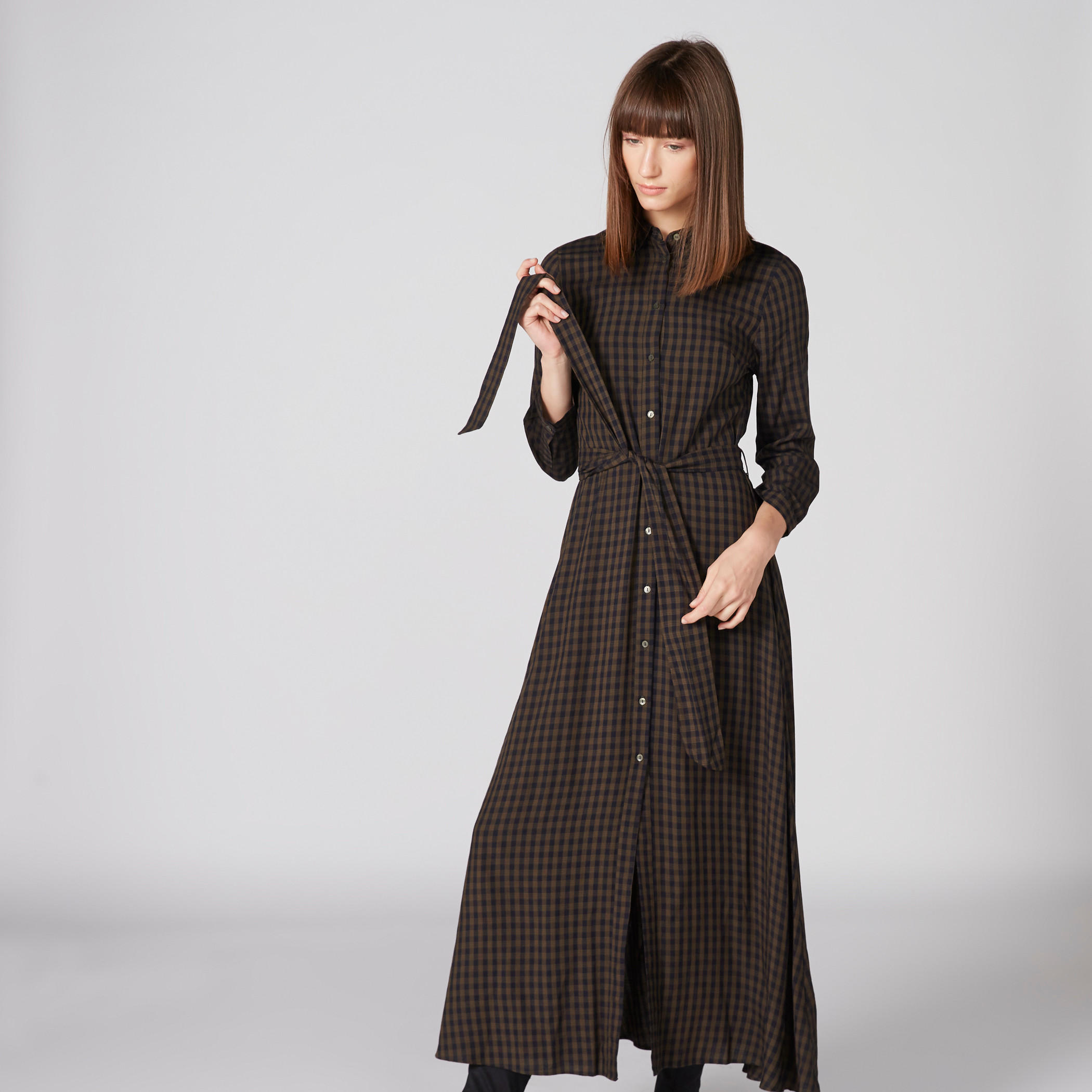 فستان قميص كاروهات طويل بأكمام طويلة ورباط-women-clothing-dresses-image-3