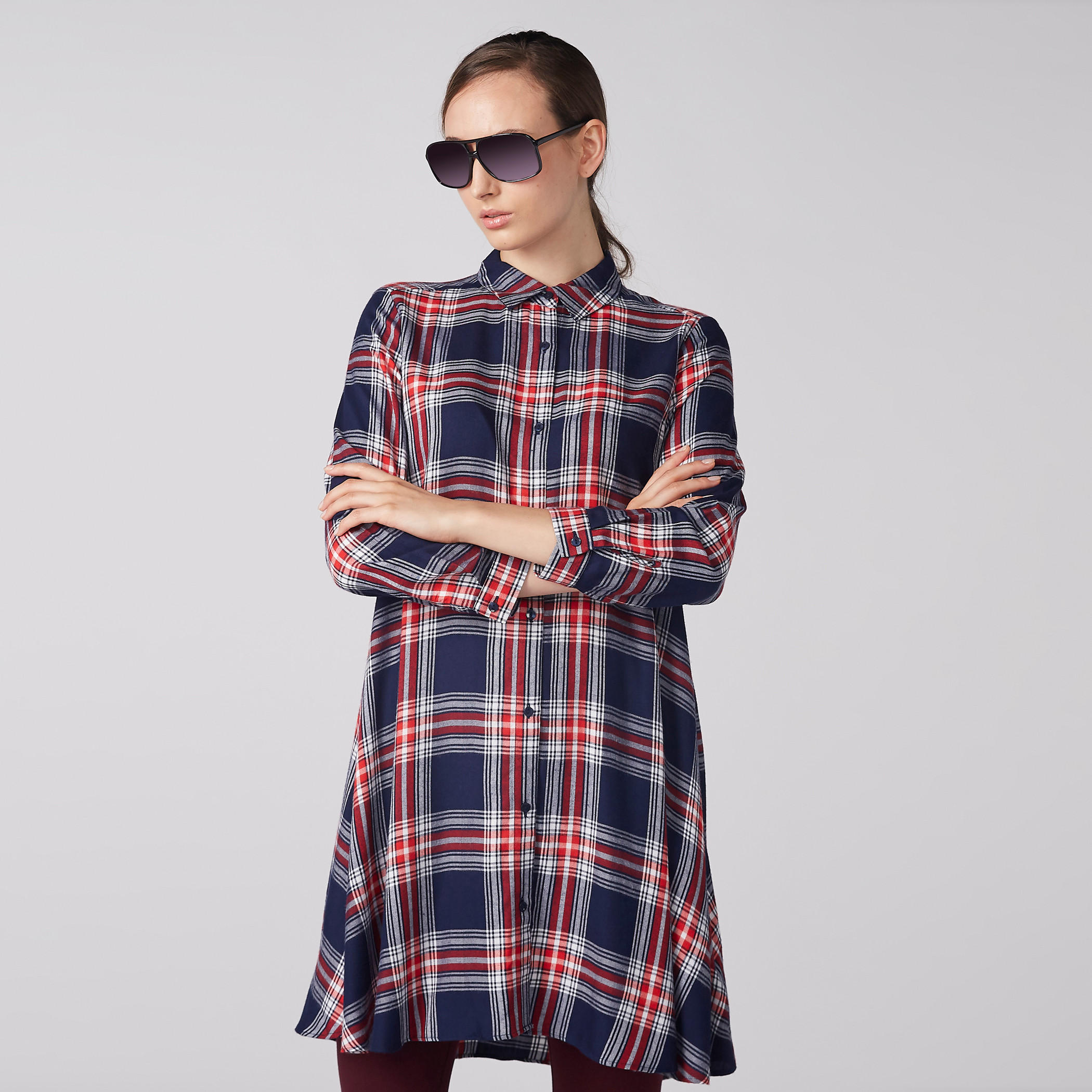 Chequered Longline Shirt with Long Sleeves and Complete Placket-women-clothing-shirtsandblouses-shirts-image-1