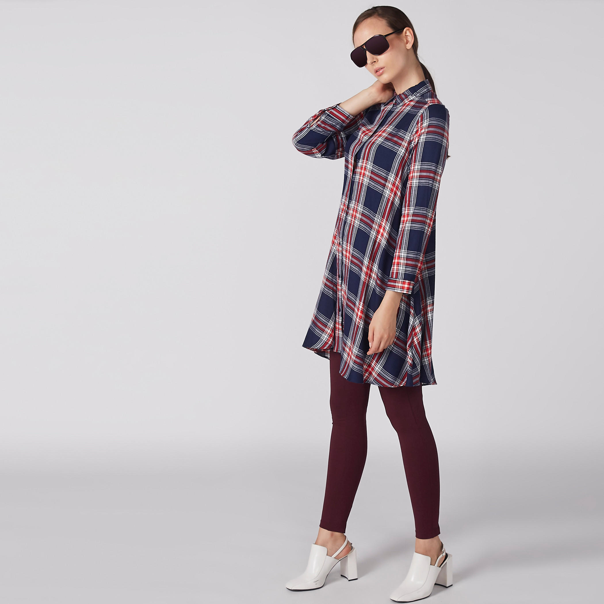 Chequered Longline Shirt with Long Sleeves and Complete Placket-women-clothing-shirtsandblouses-shirts-image-2