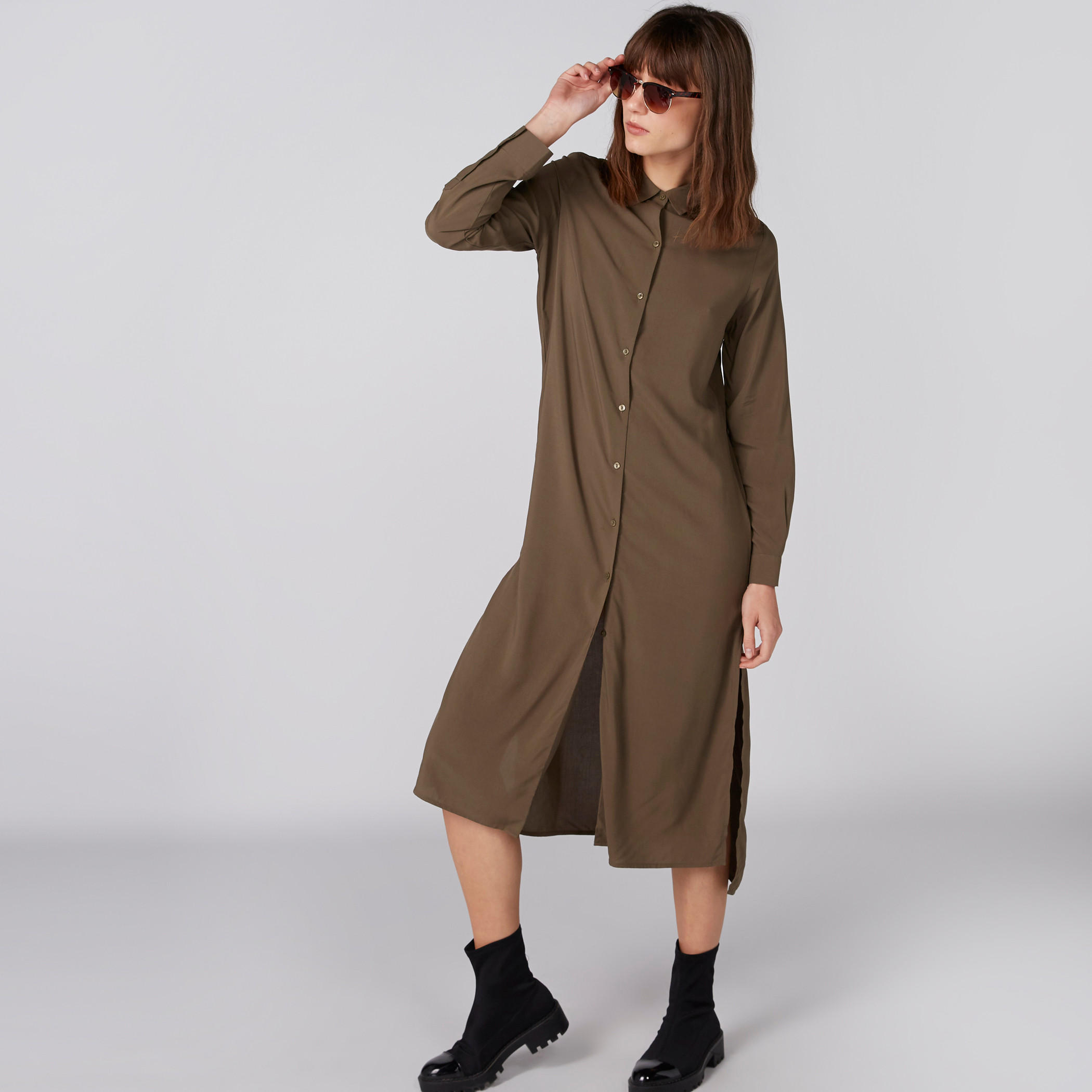 فستان بنمط قميص بأكمام طويلة مع قصة كاملة وشق-women-clothing-dresses-image-3