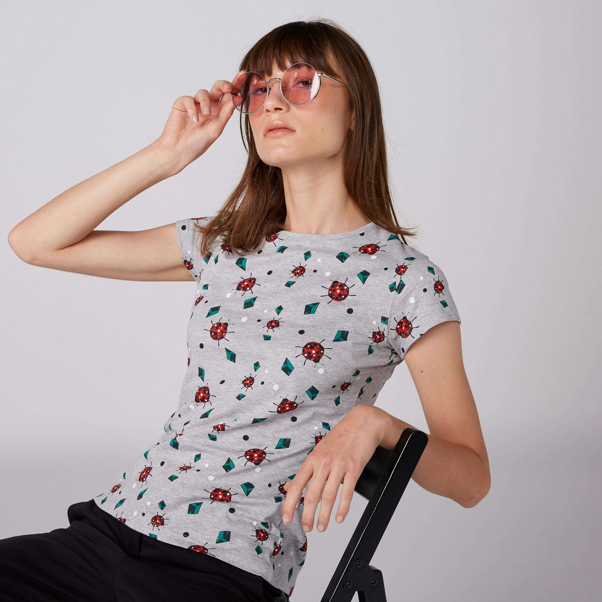 Printed T-Shirt with Round Neck and Cap Sleeves-women-clothing-tshirts-image-3
