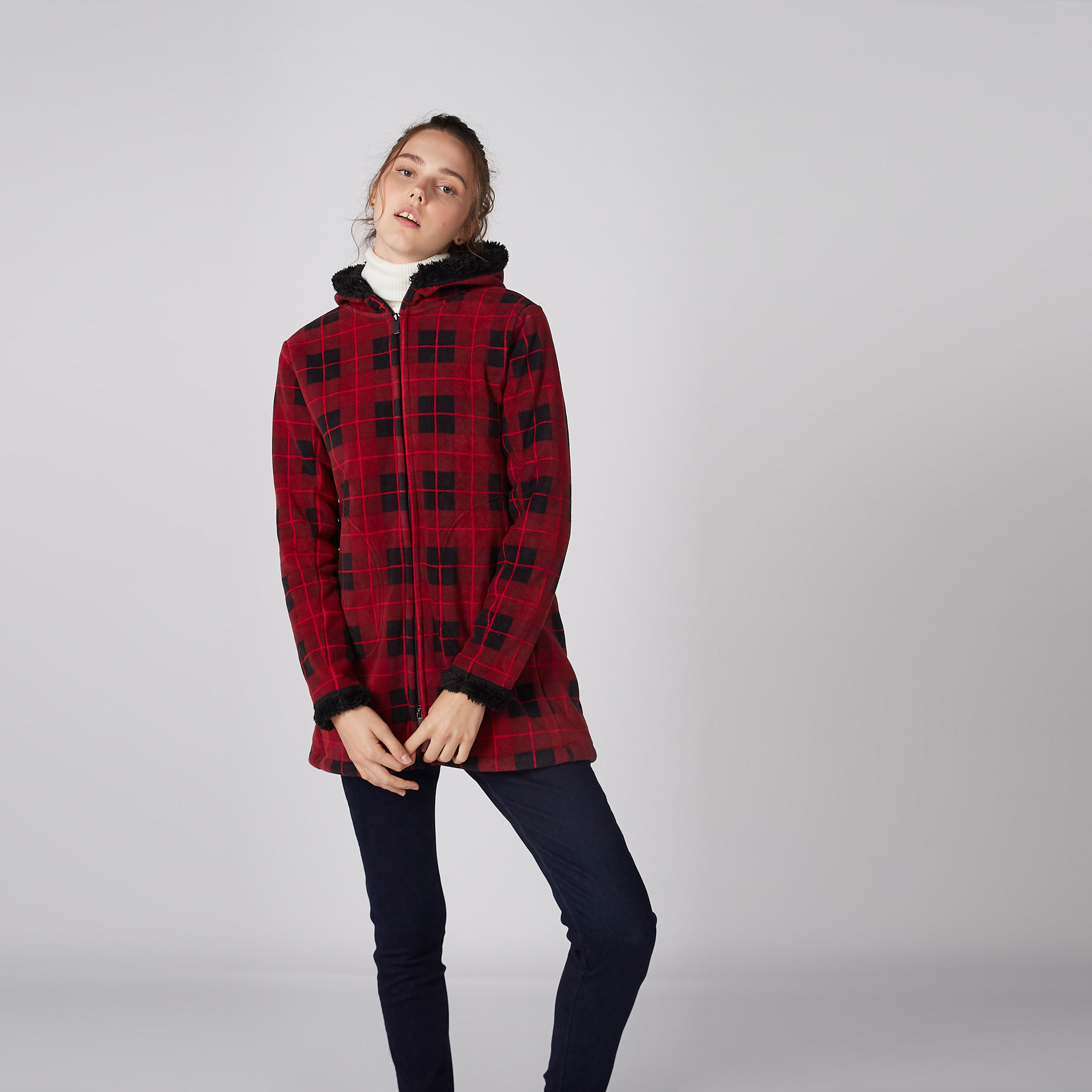 جاكيت كاروهات بأكمام طويلة وسحّاب إغلاق-women-winterwear-coatsandjackets-jackets-image-1
