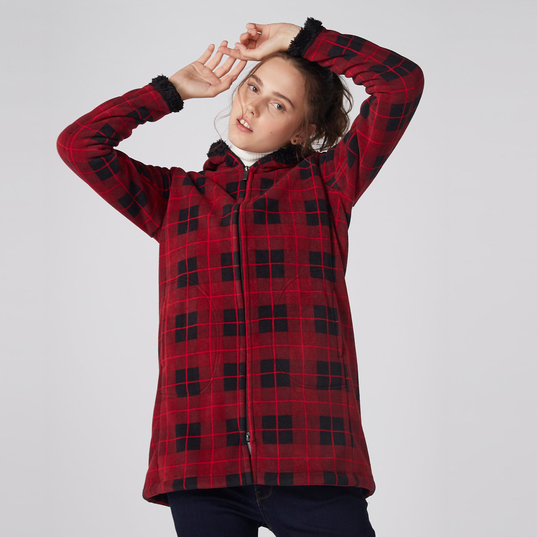جاكيت كاروهات بأكمام طويلة وسحّاب إغلاق-women-winterwear-coatsandjackets-jackets-image-5