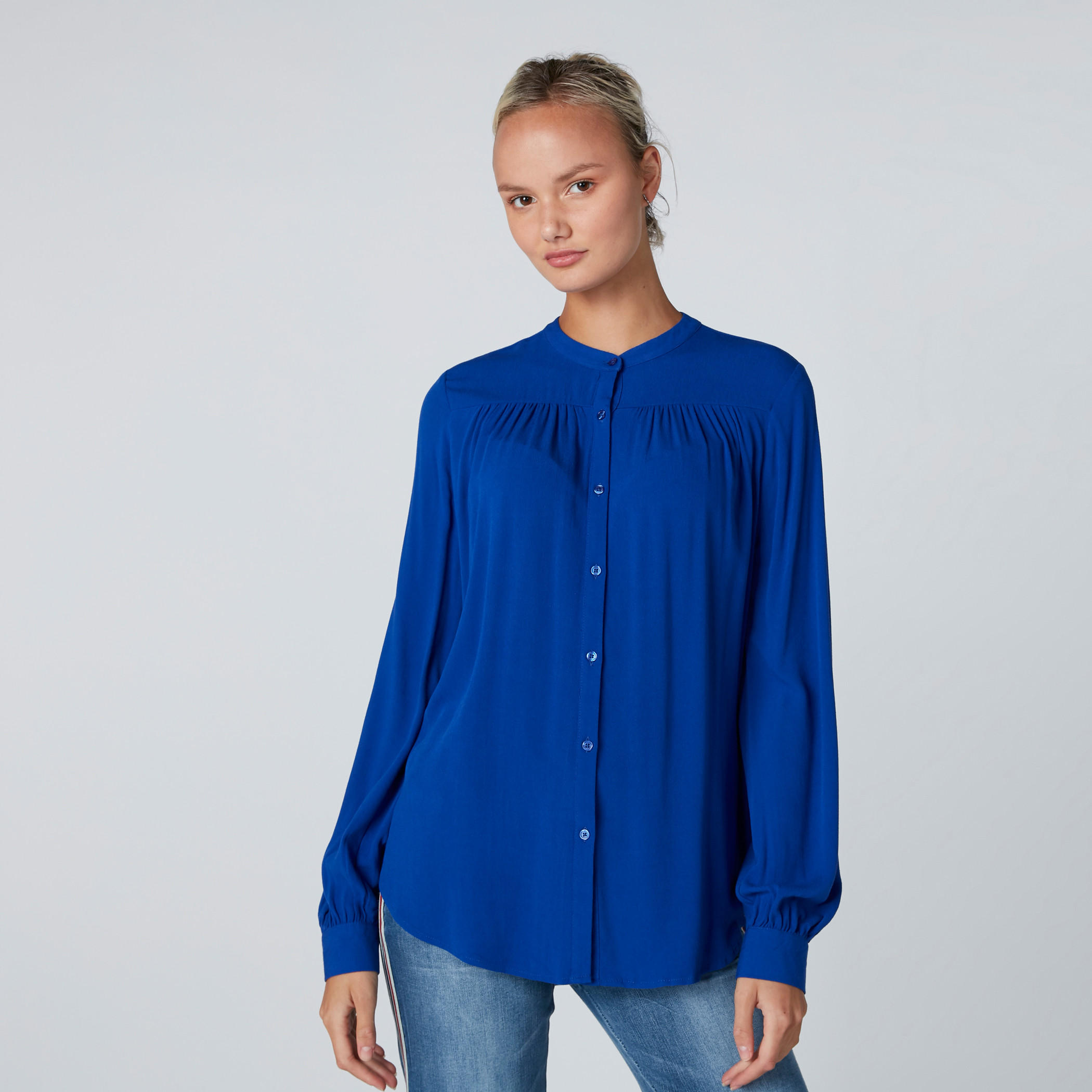 Mandarin Collar Shirt with Long Sleeves and Complete Placket-women-clothing-shirtsandblouses-shirts-image-1