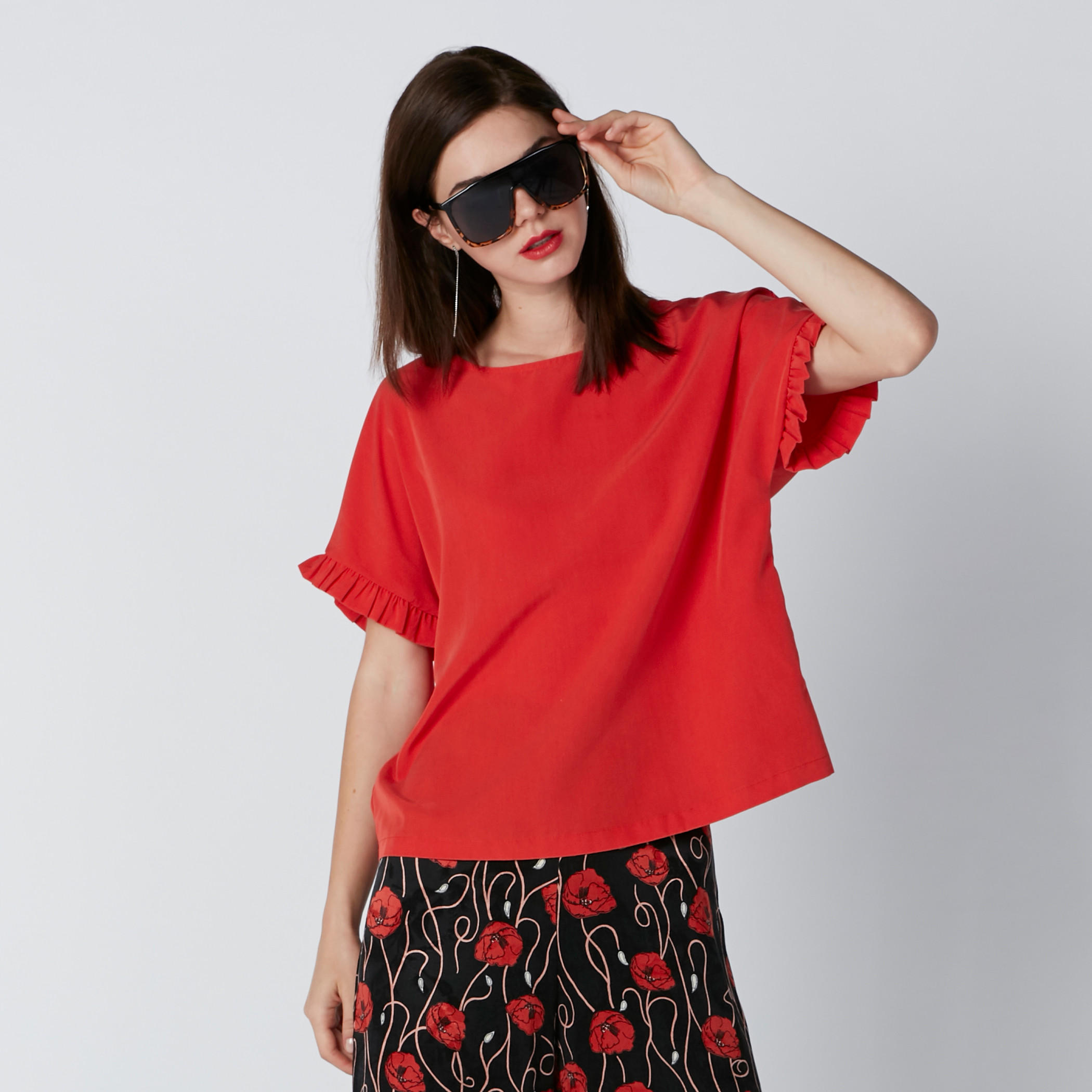 Boxy Top with Round Neck and Ruffle Detail Sleeves-women-clothing-shirtsandblouses-blouses-image-3