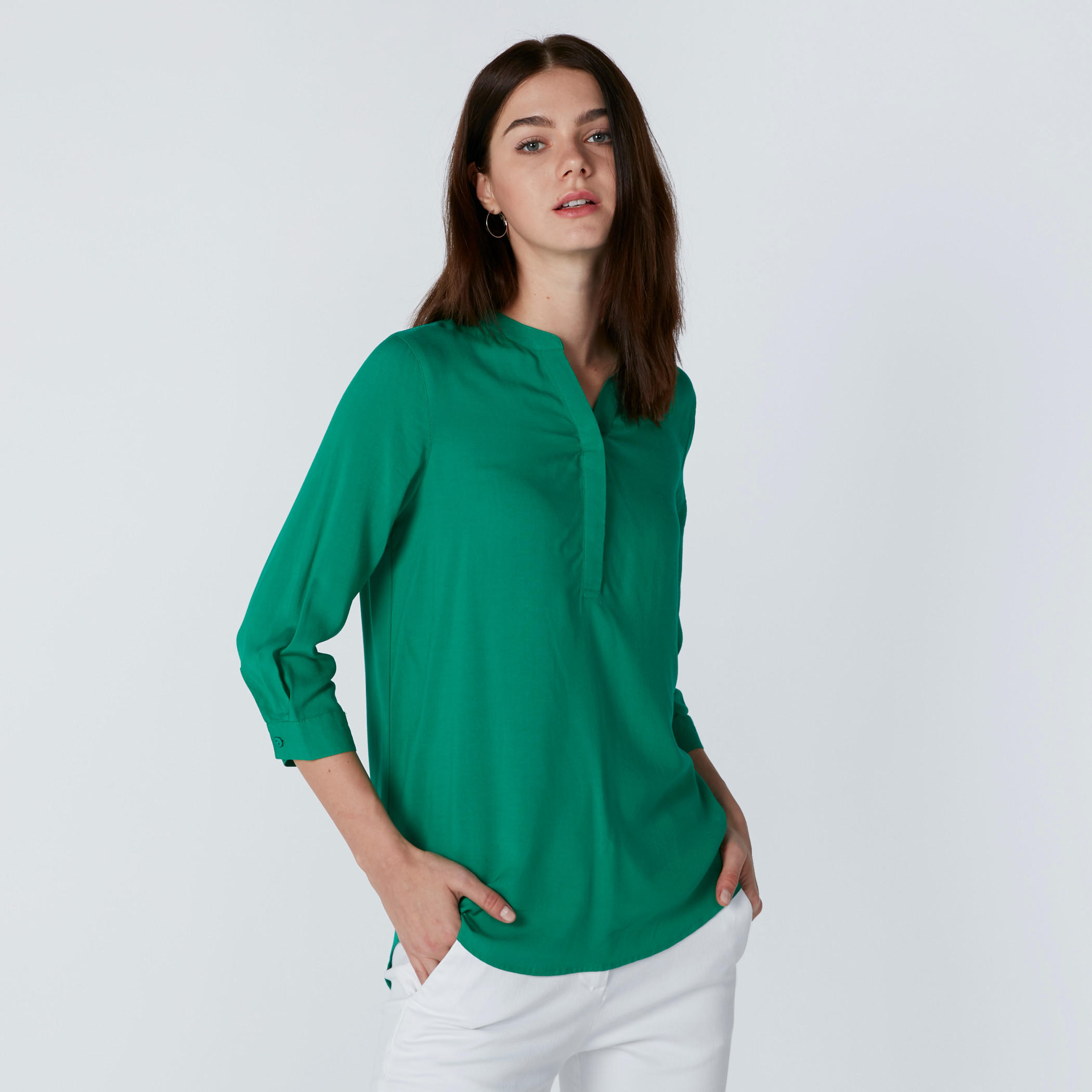 Mandarin Collar Top with 3/4 Sleeves-women-clothing-shirtsandblouses-blouses-image-1