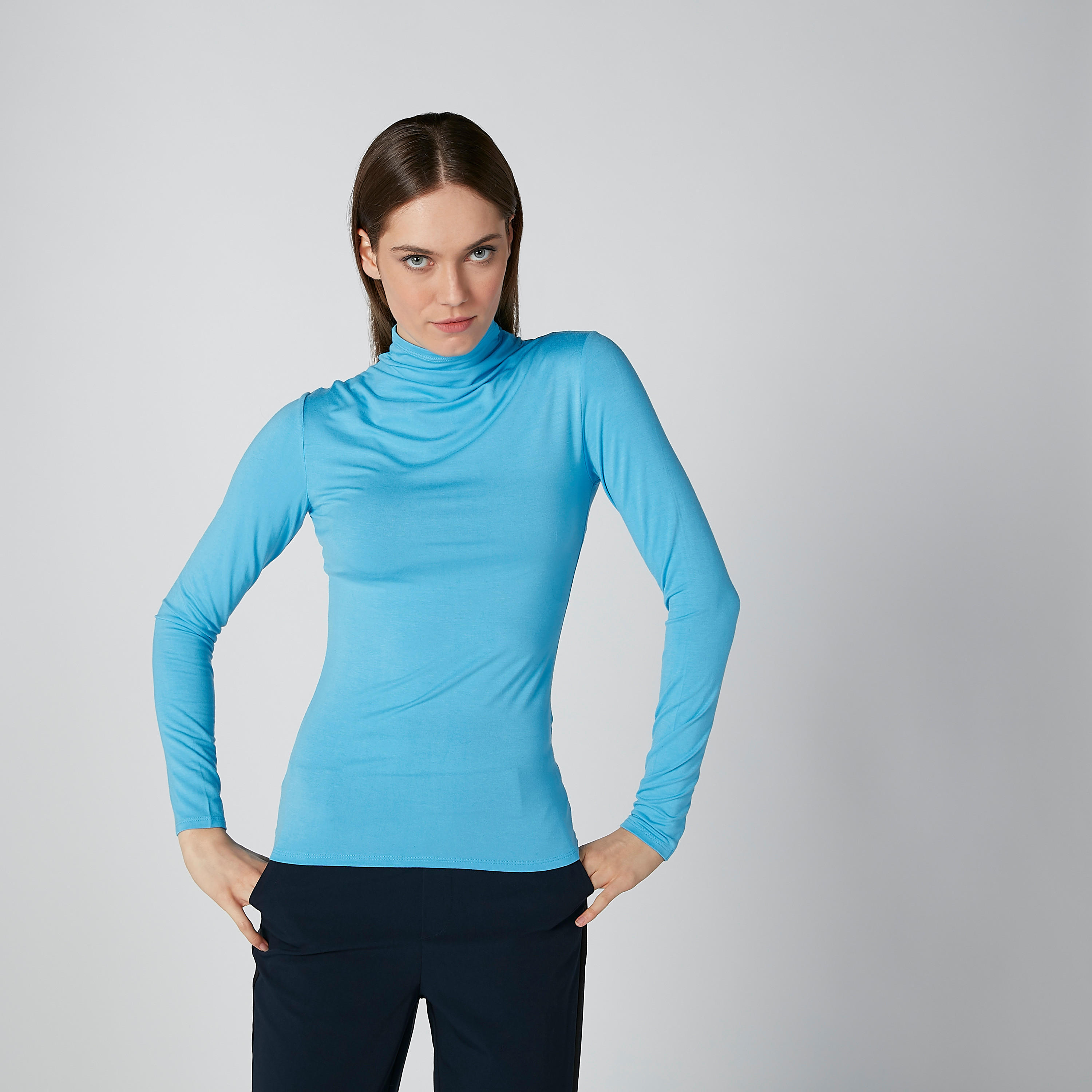 Plain T-shirt with Mock Turtleneck and Long Sleeves-women-clothing-tshirts-image-1