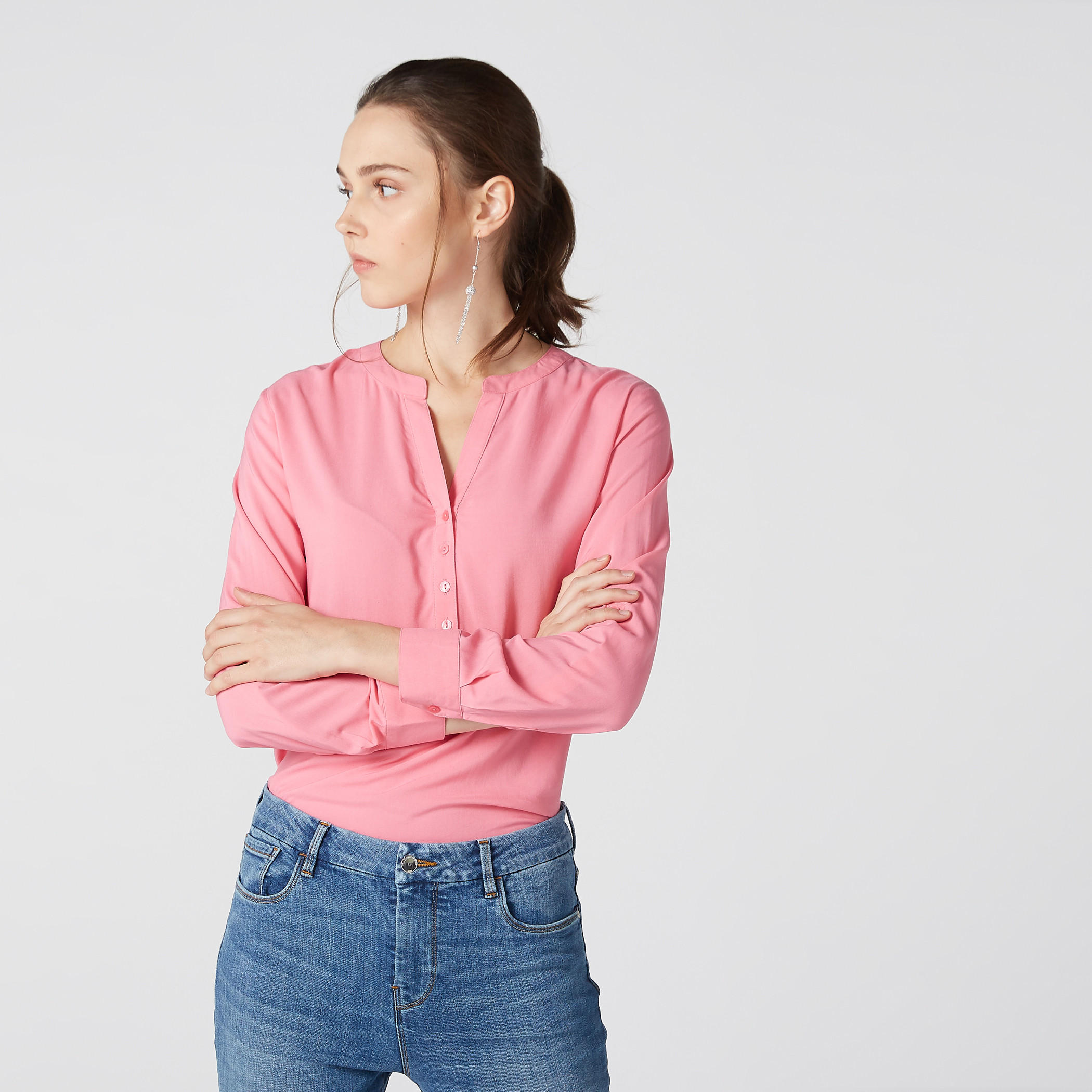 بلوزة بياقة ماندارين وأكمام طويلة-women-clothing-shirtsandblouses-blouses-image-1
