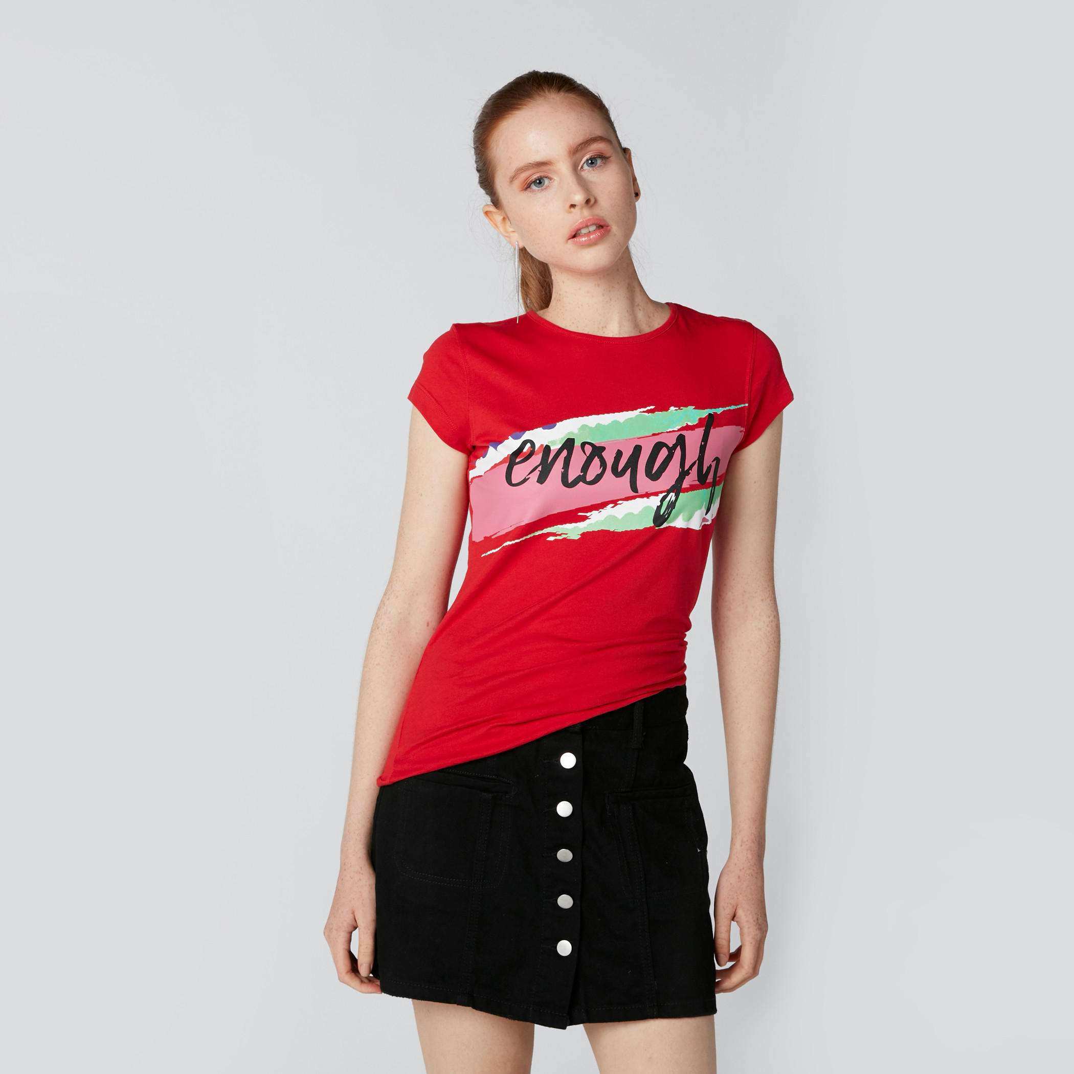 Printed T-Shirt in Slim Fit with Round Neck and Cap Sleeves-women-clothing-tshirts-image-1