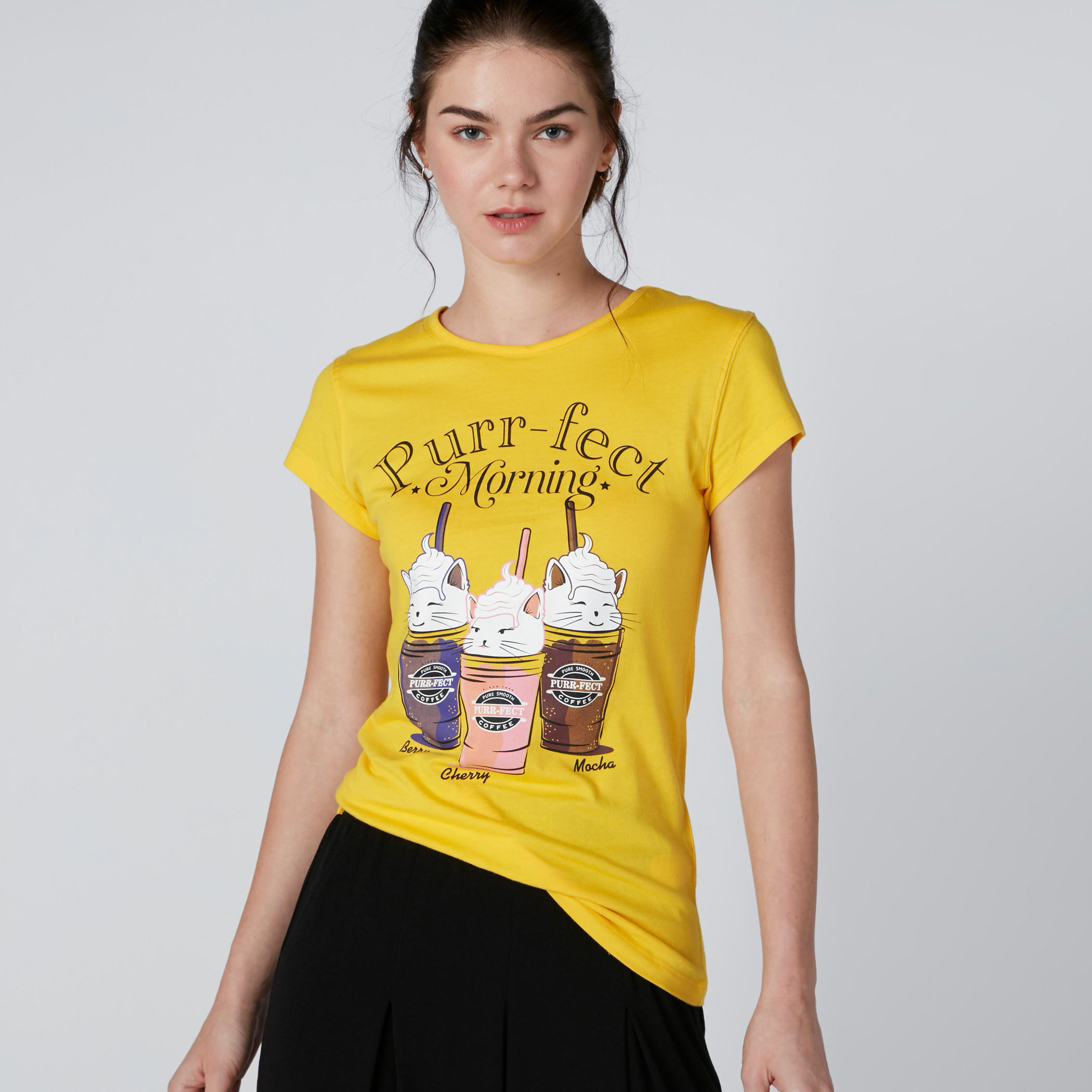 تيشيرت بياقة مستديرة وأكمام كاب وطبعات قطة-women-clothing-tshirts-image-1